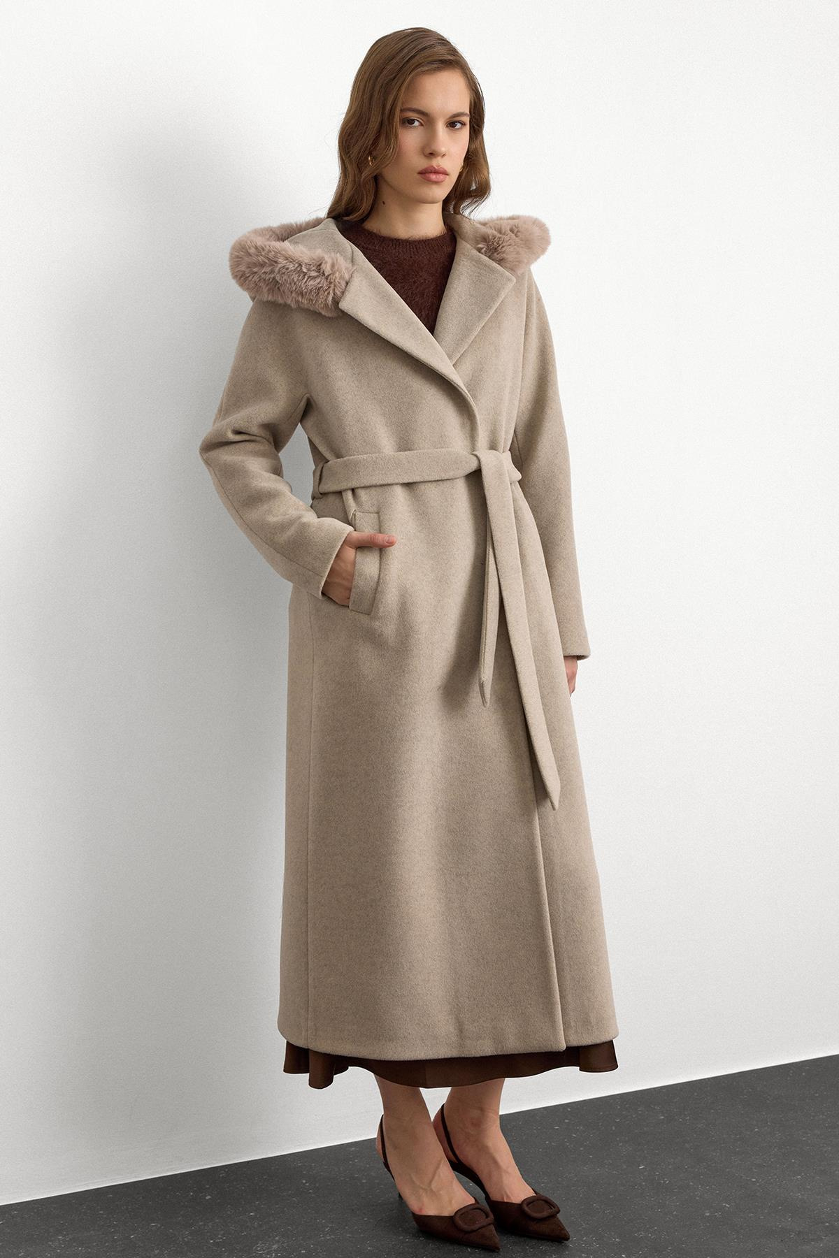 Furry Hooded Tied Waist Long Coat STONE 3107