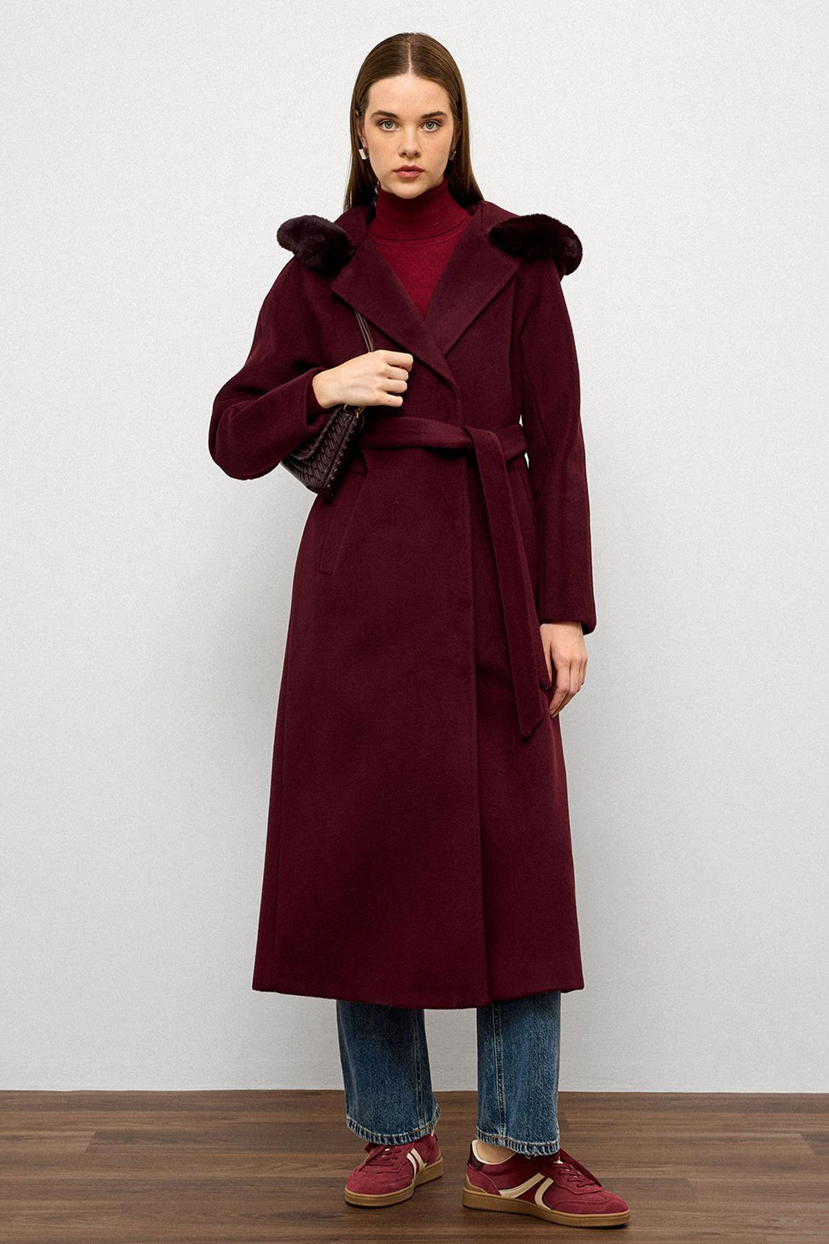Furry Hooded Tied Waist Long Coat DAMSON 3107