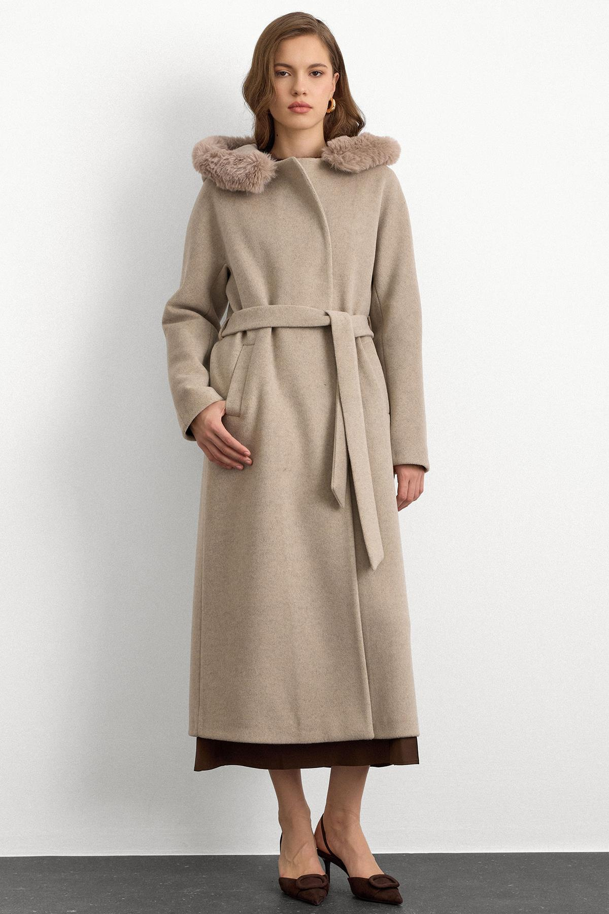 Furry Hooded Tied Waist Long Coat STONE 3107