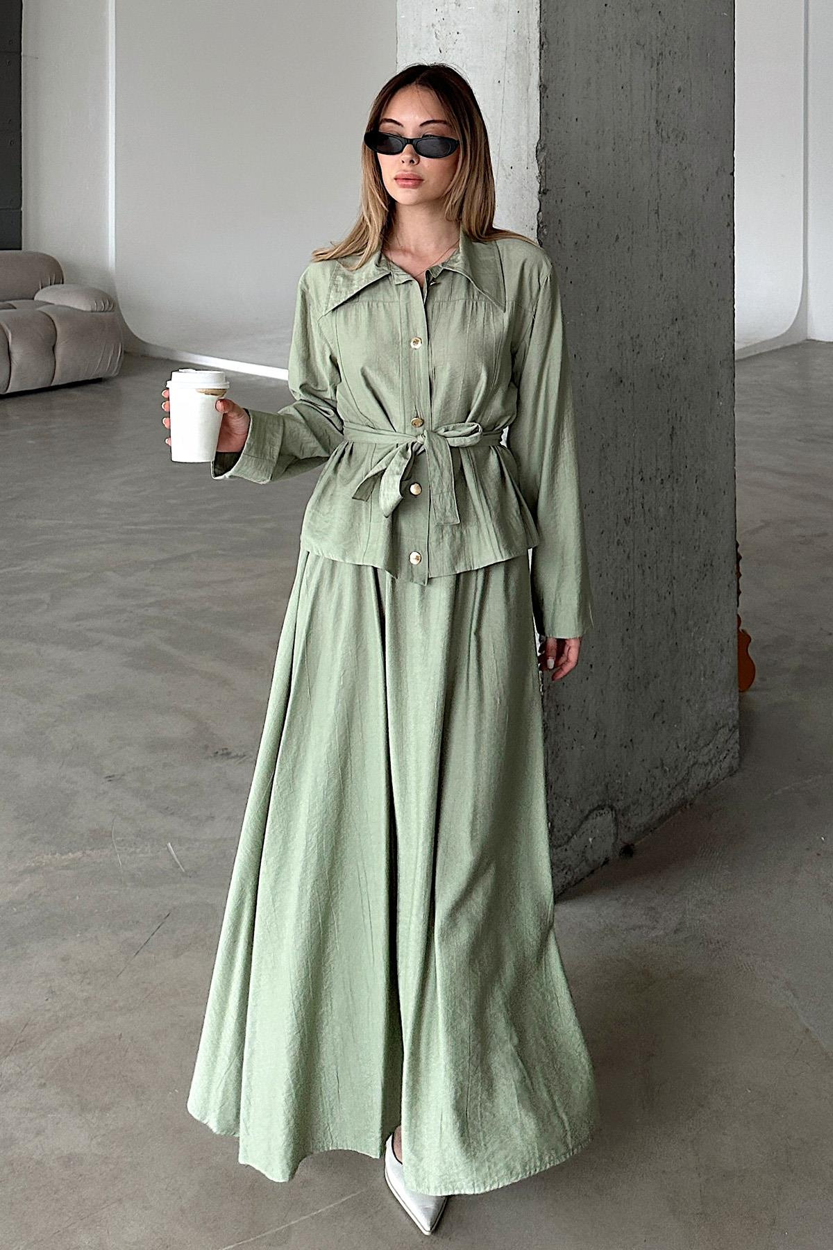 Kuşak Detaylı Etek Ceket Takım AÇIK YEŞİL 9348-TK