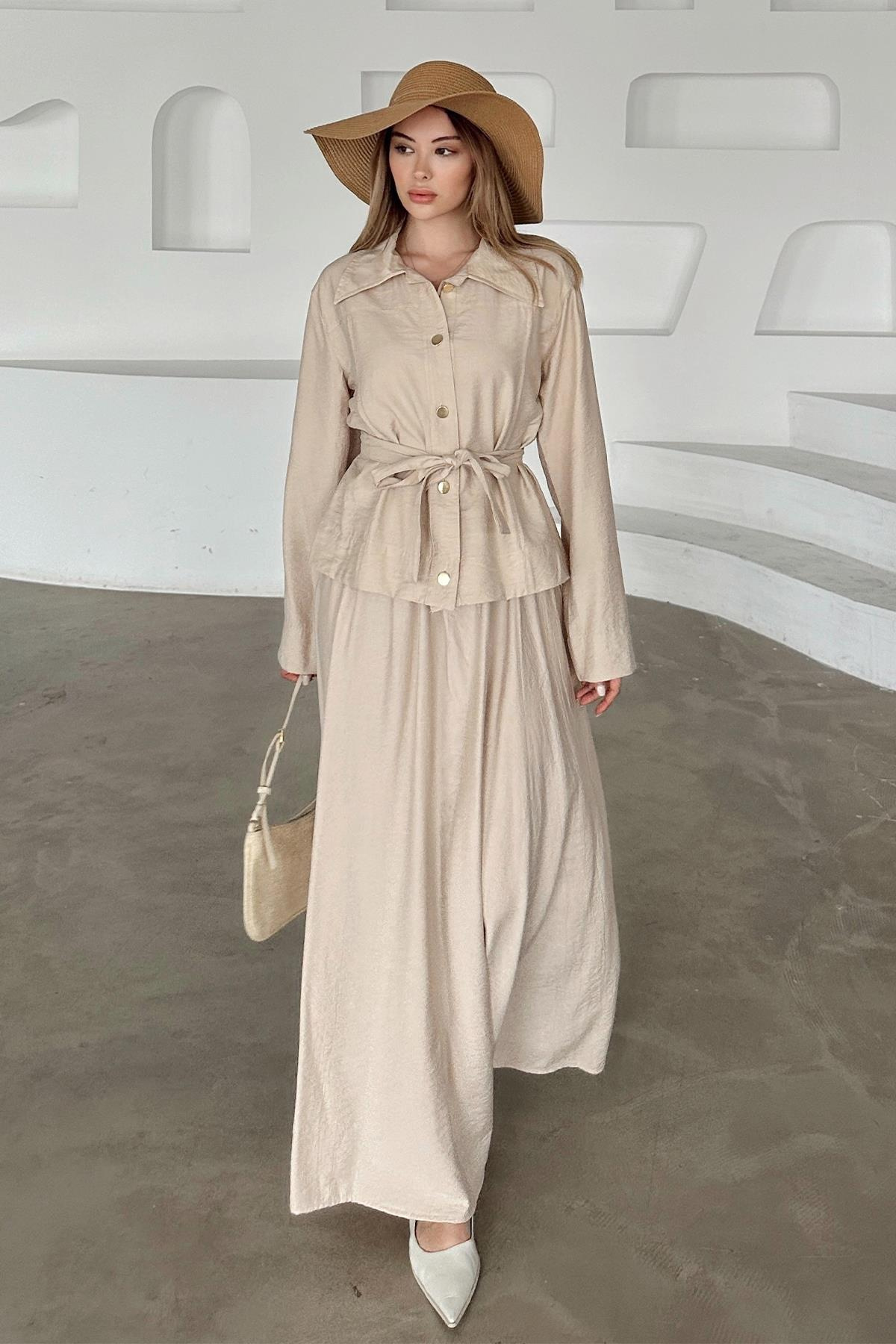 Kuşak Detaylı Etek Ceket Takım BEJ 9348-TK