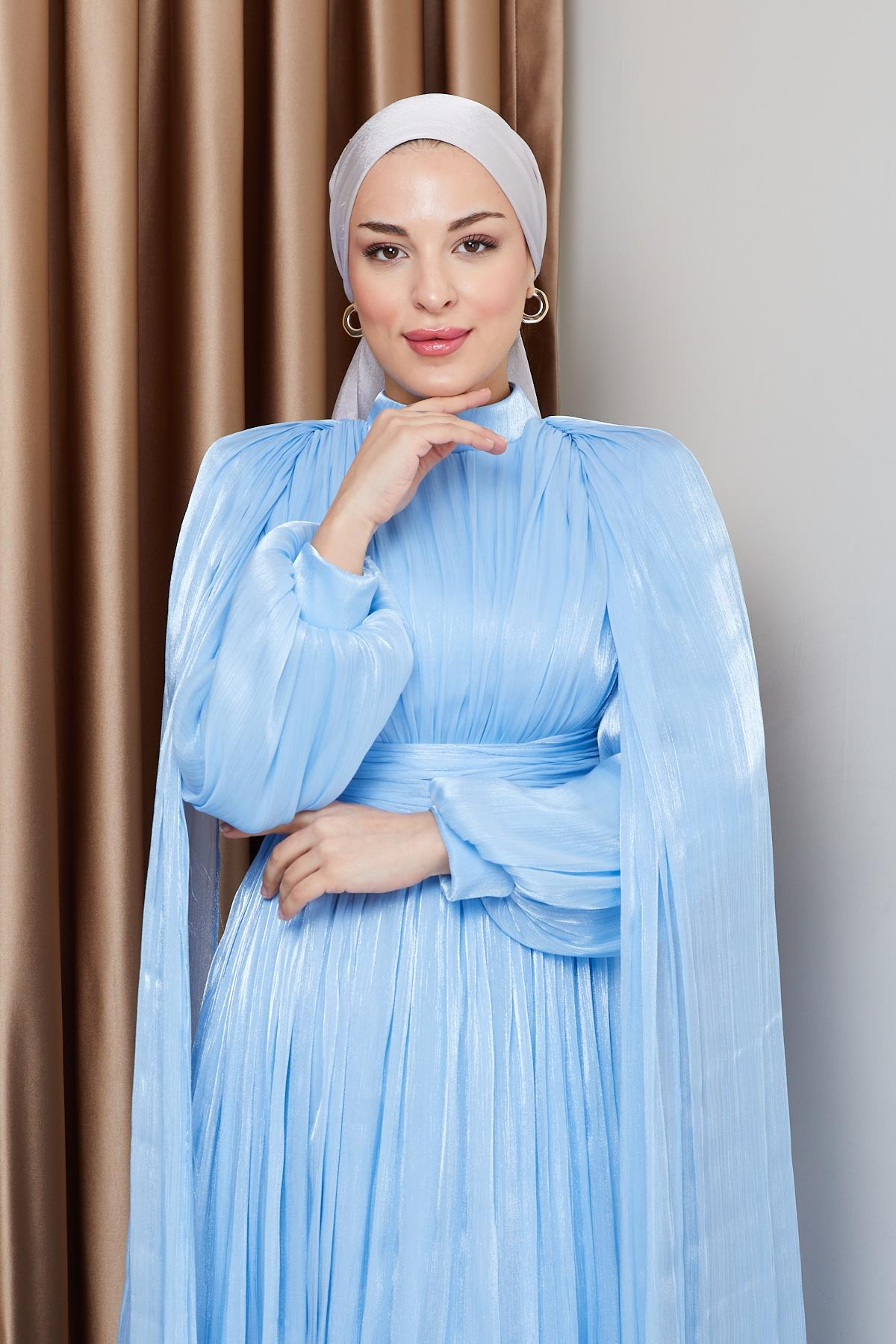 Yorgo Silk Hijab Evening Dress with Sash and Cape Detail LIGHT BLUE 1237