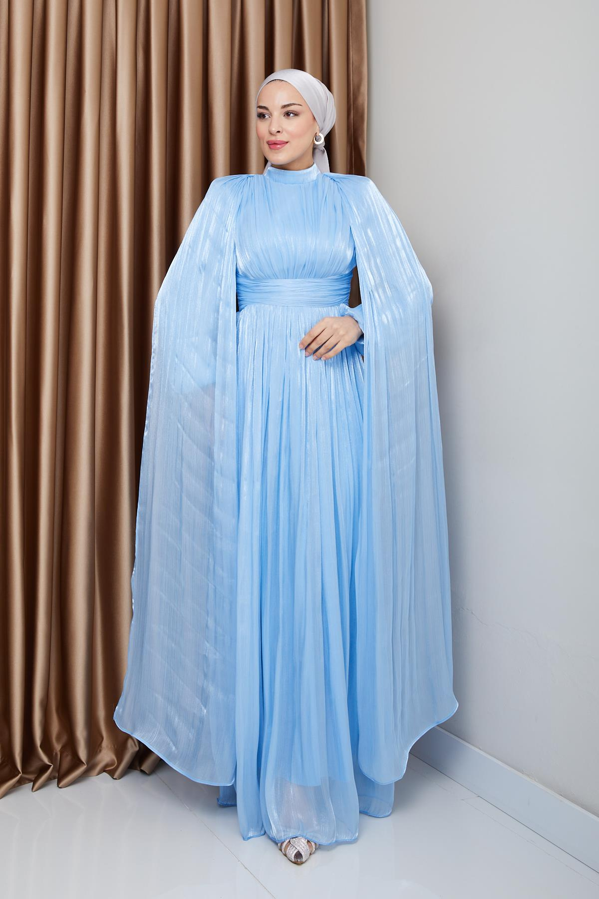 Yorgo Silk Hijab Evening Dress with Sash and Cape Detail LIGHT BLUE 1237