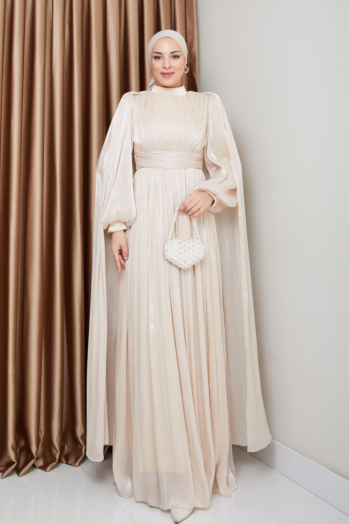 Yorgo Silk Hijab Evening Dress with Sash and Cape Detail CREAM 1237