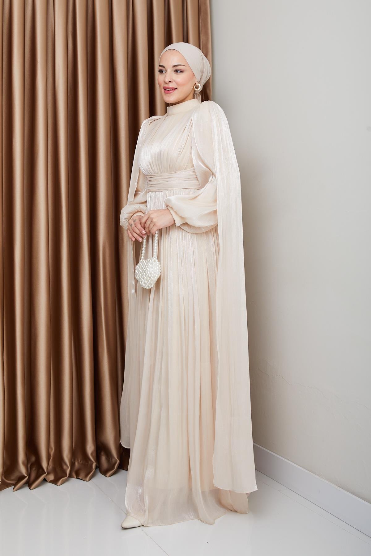 Yorgo Silk Hijab Evening Dress with Sash and Cape Detail CREAM 1237