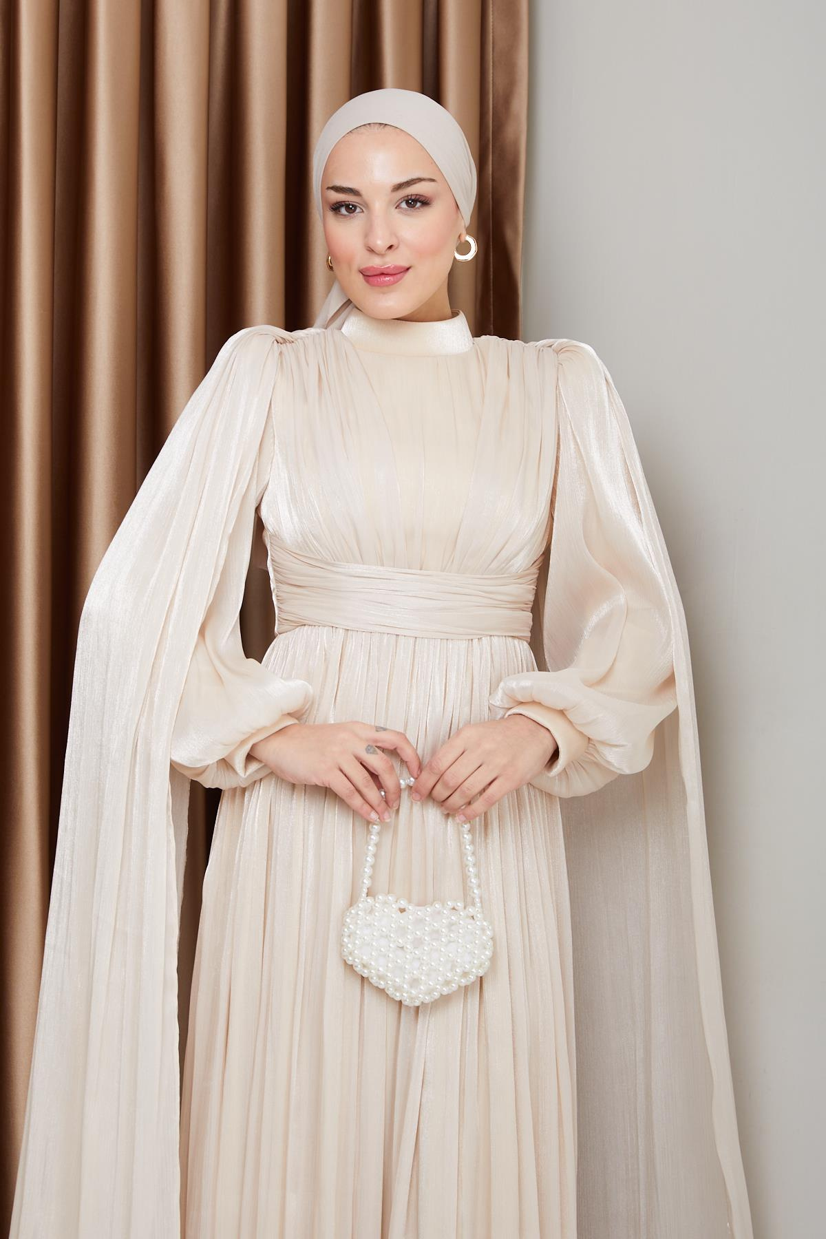 Yorgo Silk Hijab Evening Dress with Sash and Cape Detail CREAM 1237