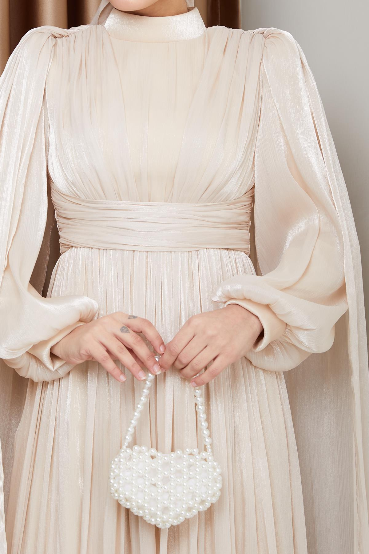 Yorgo Silk Hijab Evening Dress with Sash and Cape Detail CREAM 1237