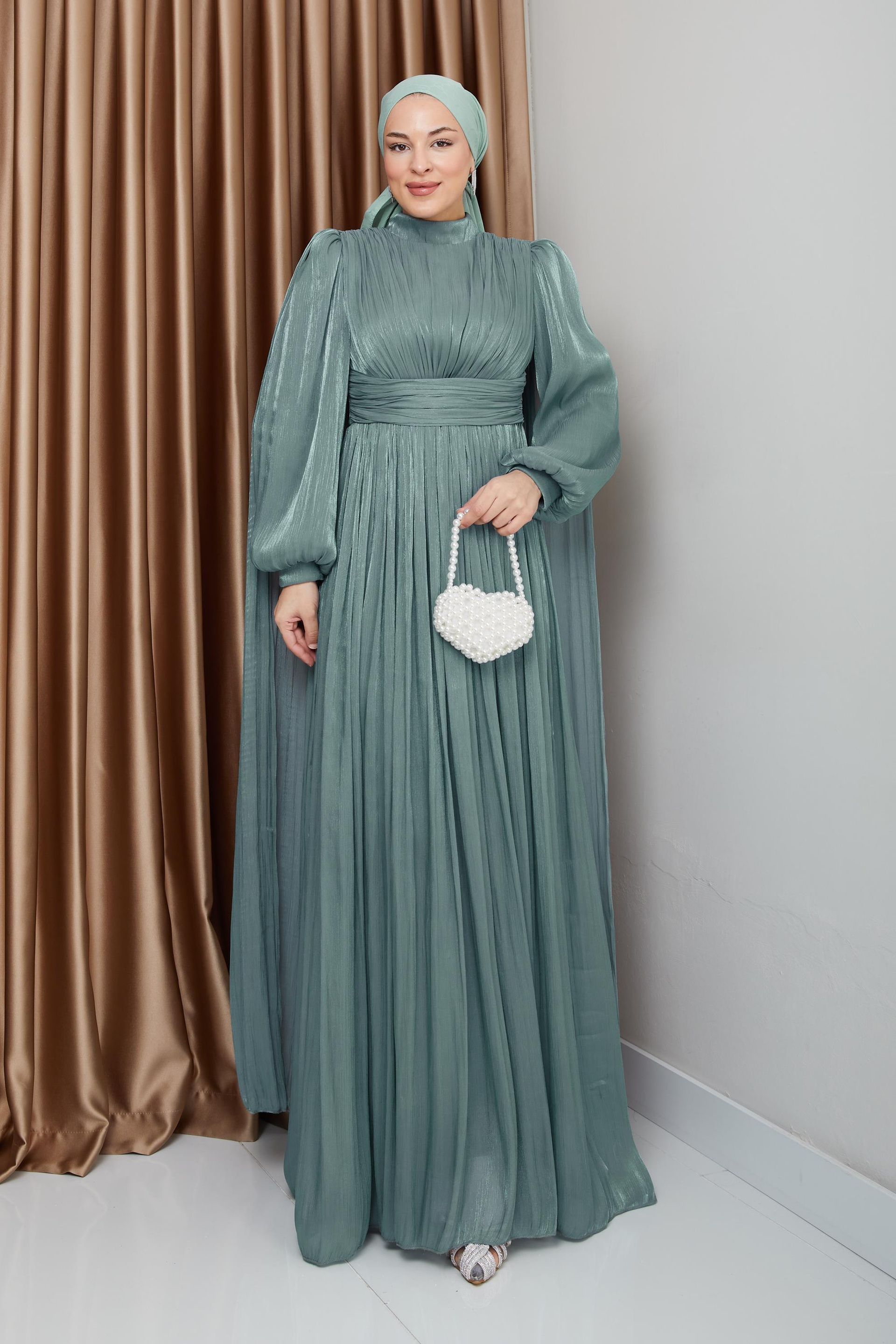 فستان سهرة حرير من يورغو مع وشاح وتفاصيل عباءة أخضر مائي 1237