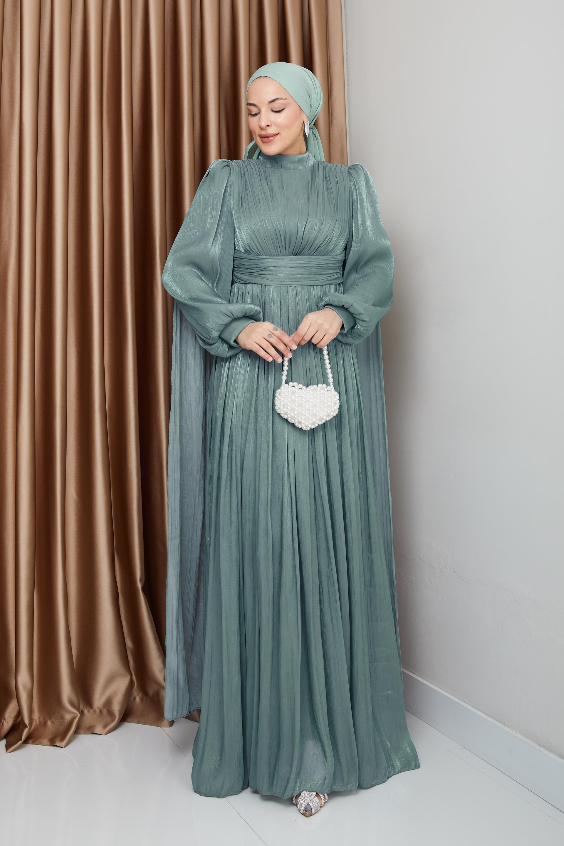 فستان سهرة حرير من يورغو مع وشاح وتفاصيل عباءة أخضر مائي 1237