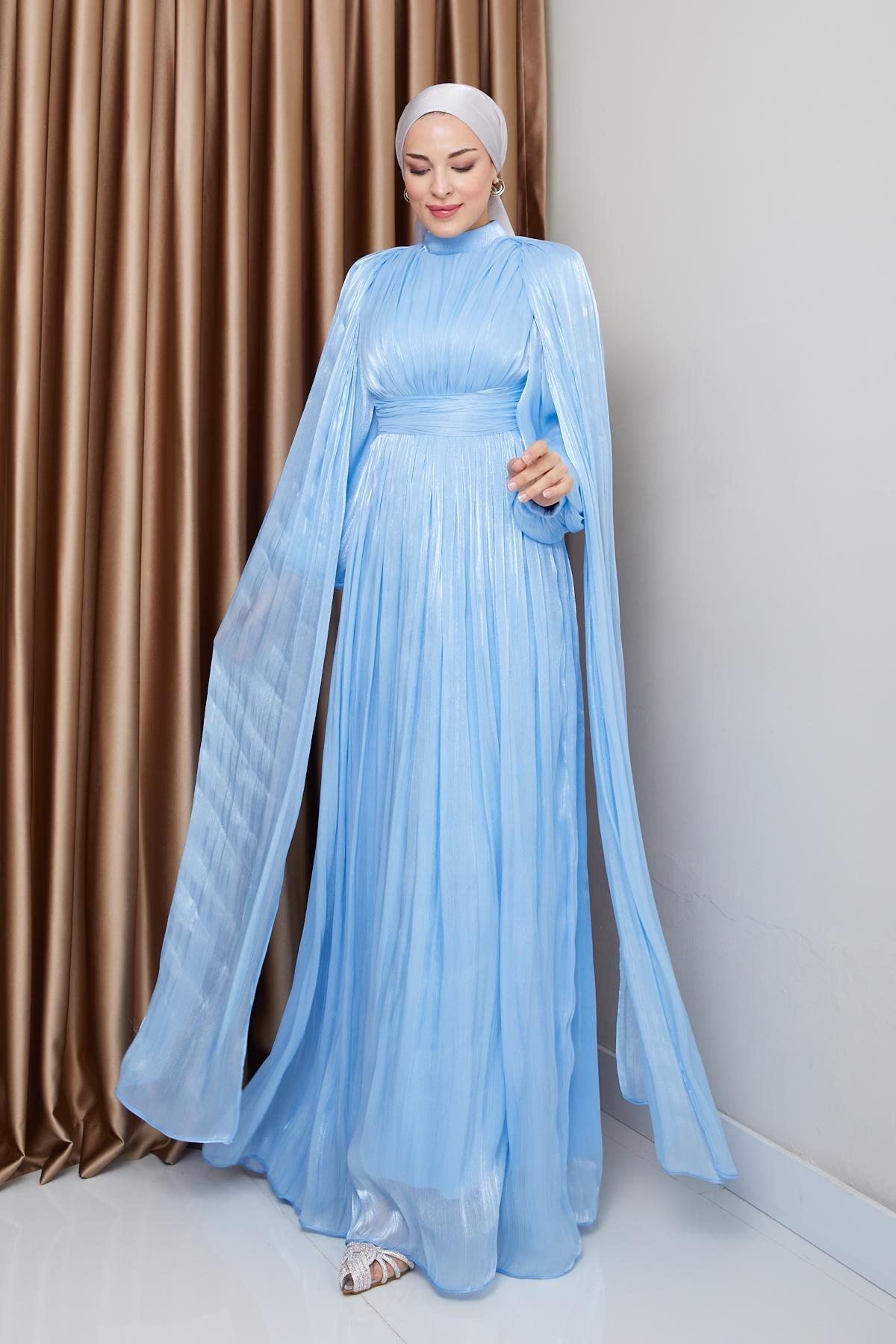Yorgo Silk Hijab Evening Dress with Sash and Cape Detail LIGHT BLUE 1237