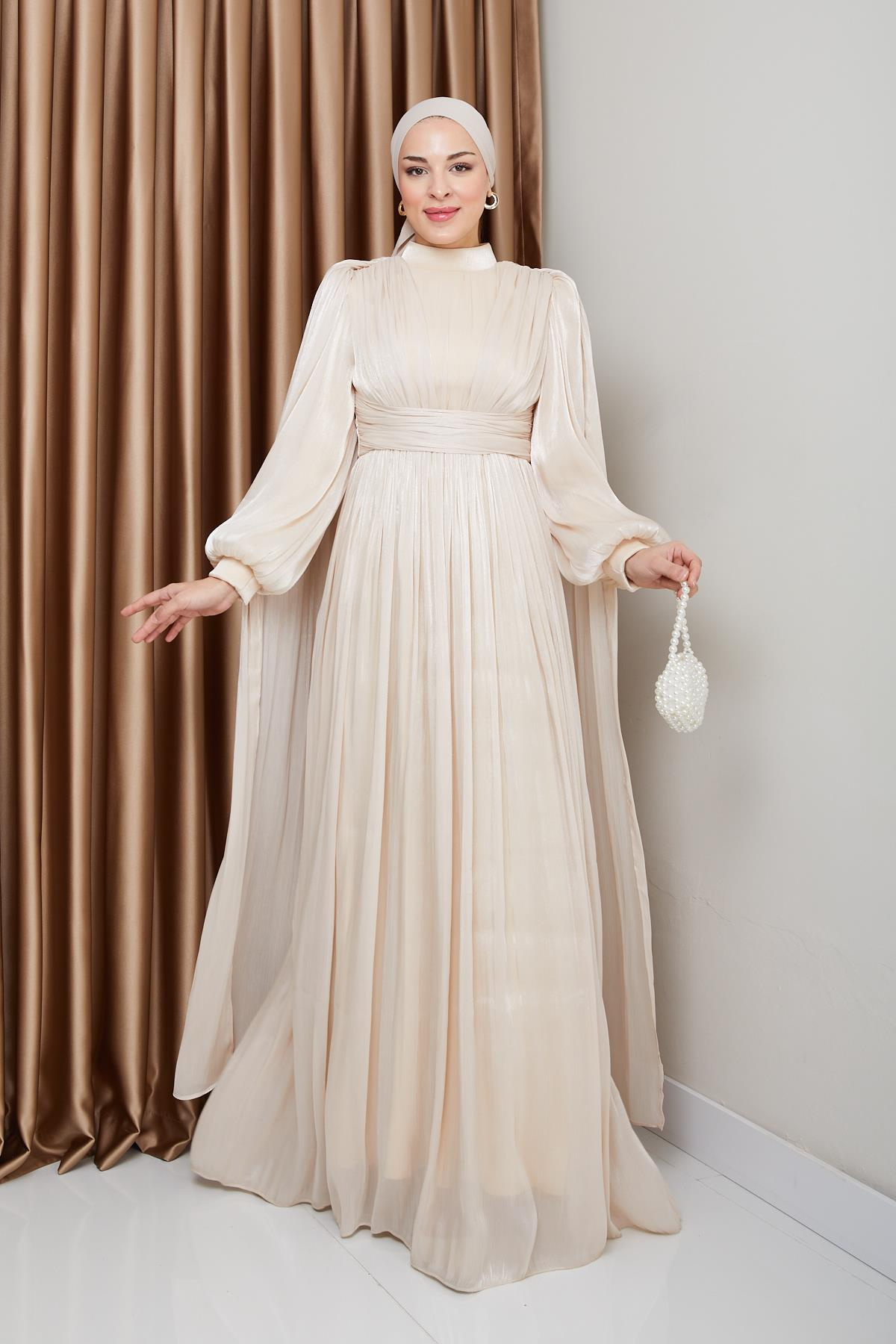 Yorgo Silk Hijab Evening Dress with Sash and Cape Detail CREAM 1237