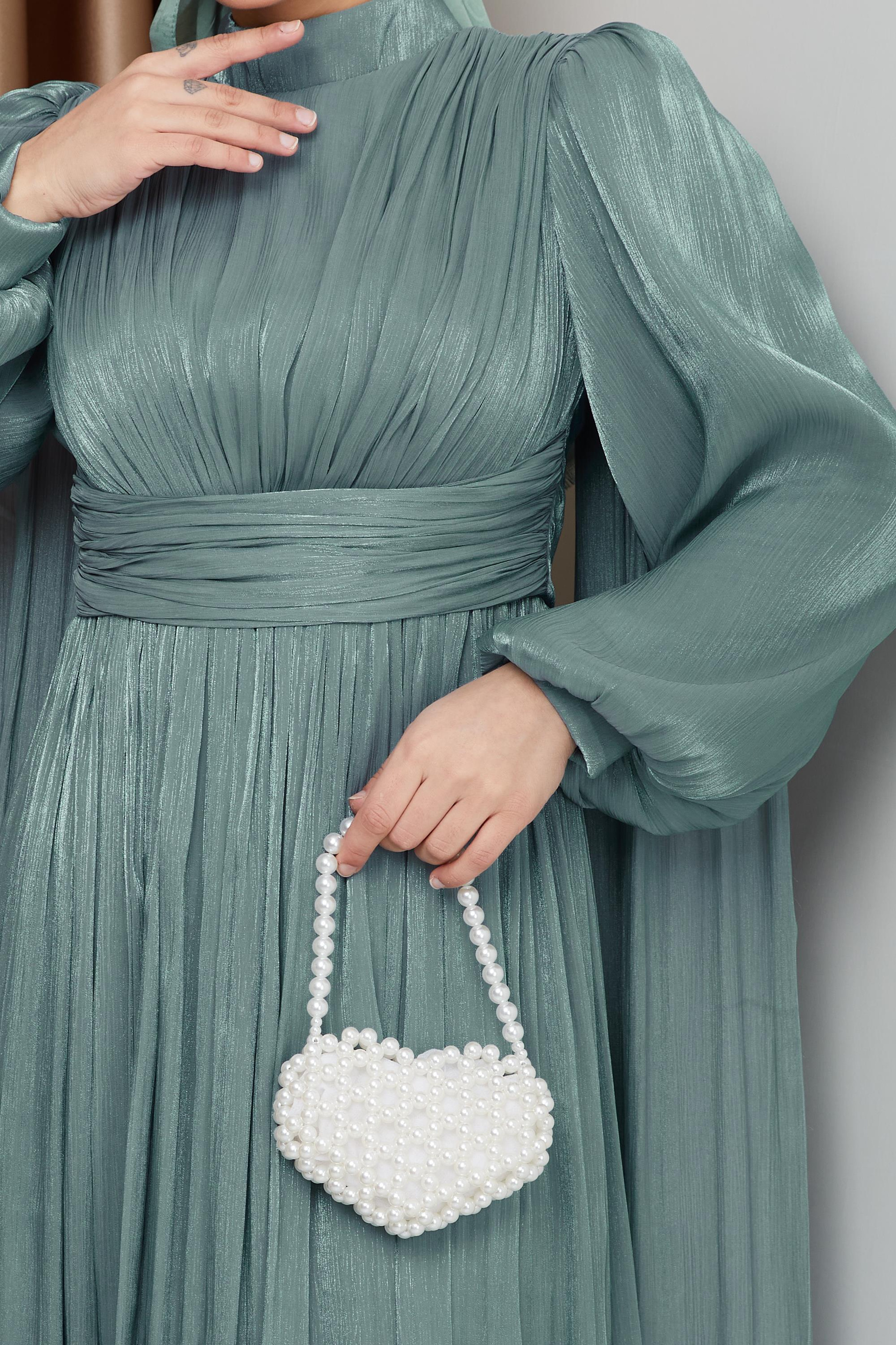 فستان سهرة حرير من يورغو مع وشاح وتفاصيل عباءة أخضر مائي 1237