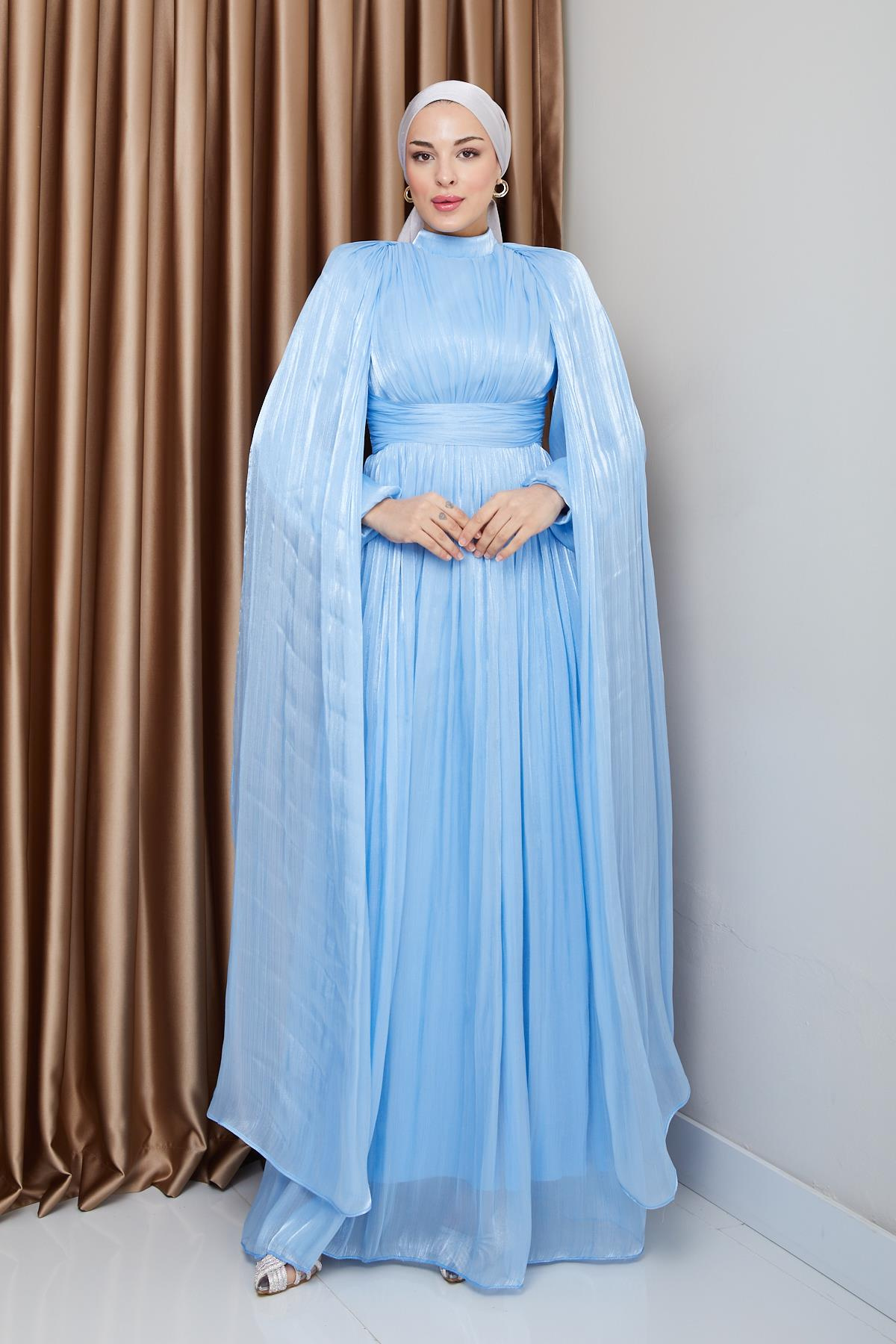Yorgo Silk Hijab Evening Dress with Sash and Cape Detail LIGHT BLUE 1237