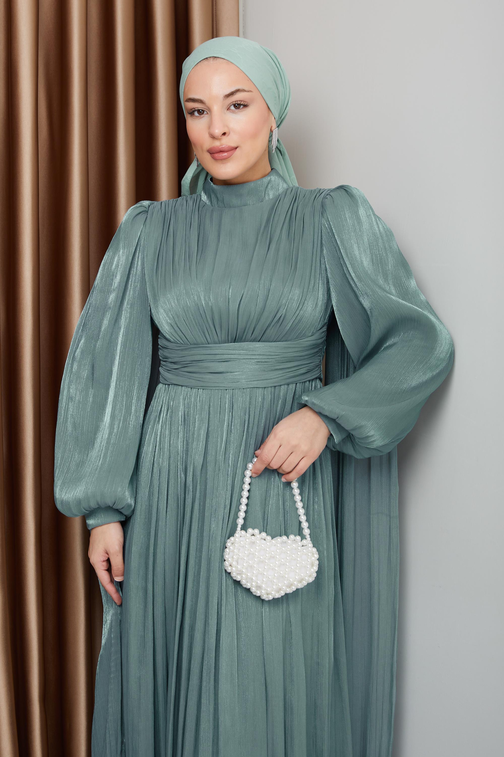 فستان سهرة حرير من يورغو مع وشاح وتفاصيل عباءة أخضر مائي 1237