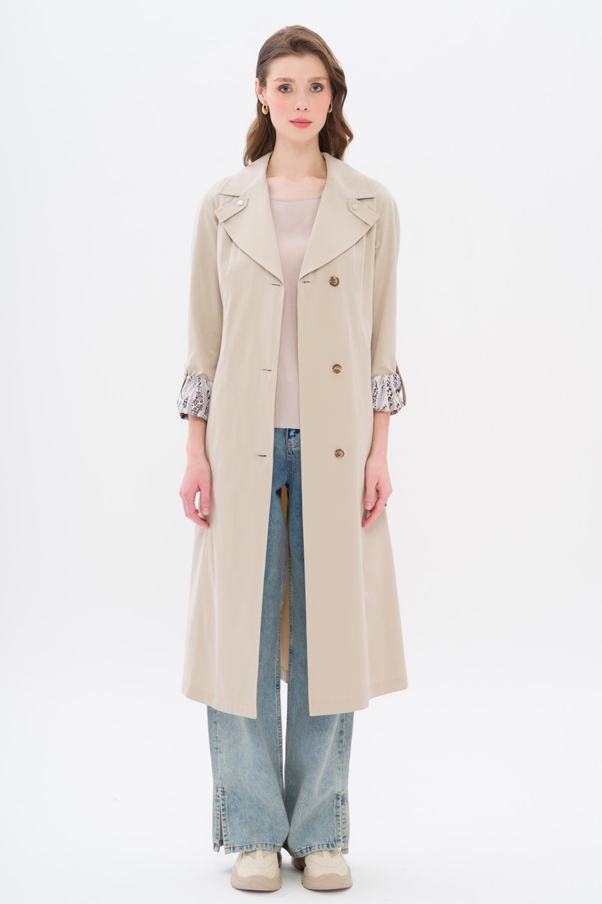 معطف ترنش نصف مبطن بتفاصيل نقشة جلد النمر حجر 6713