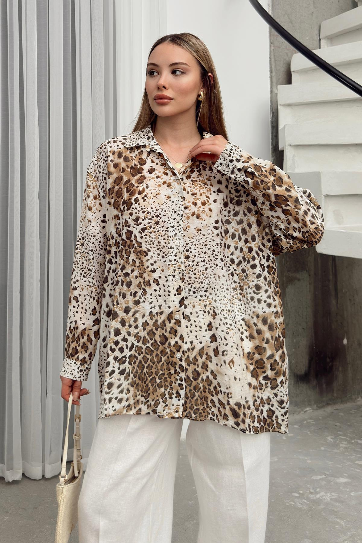 Leopar Desenli Salaş gömlek KAHVE 9321