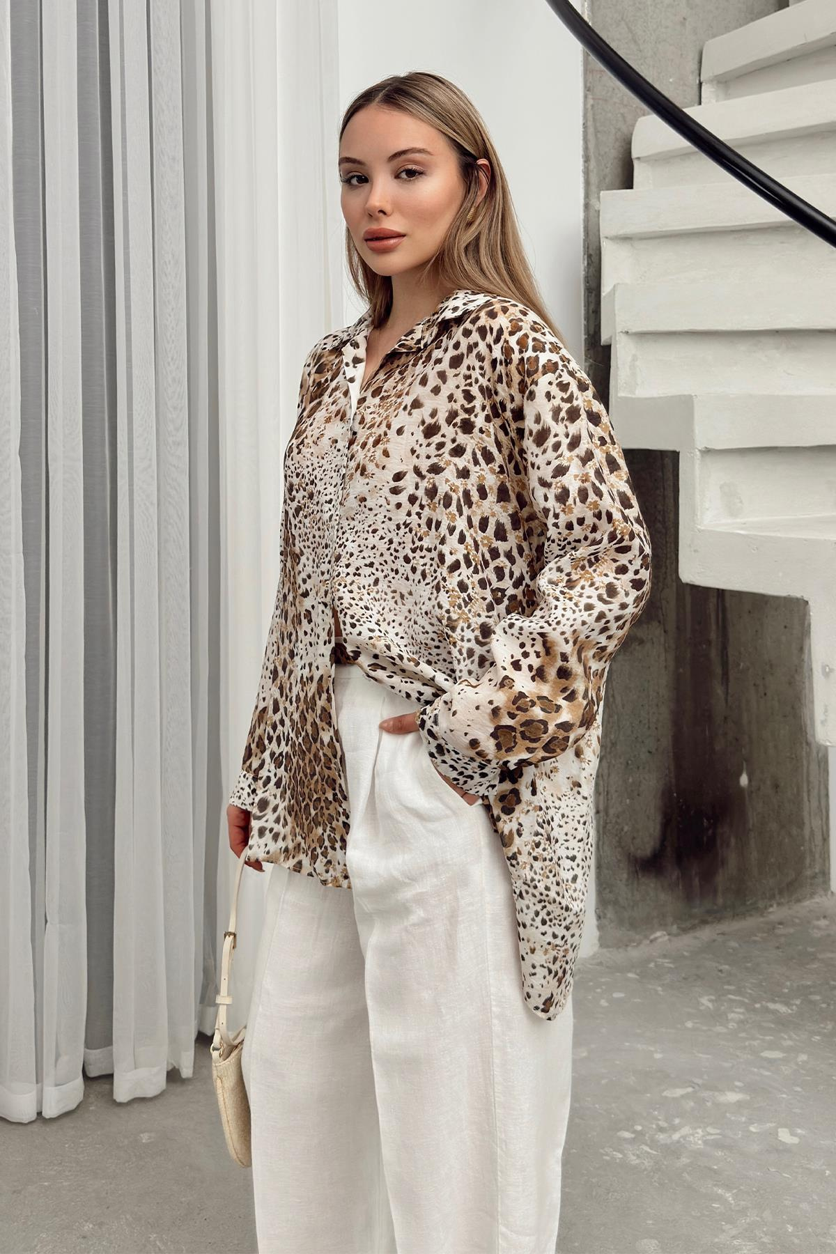 Leopar Desenli Salaş gömlek KAHVE 9321