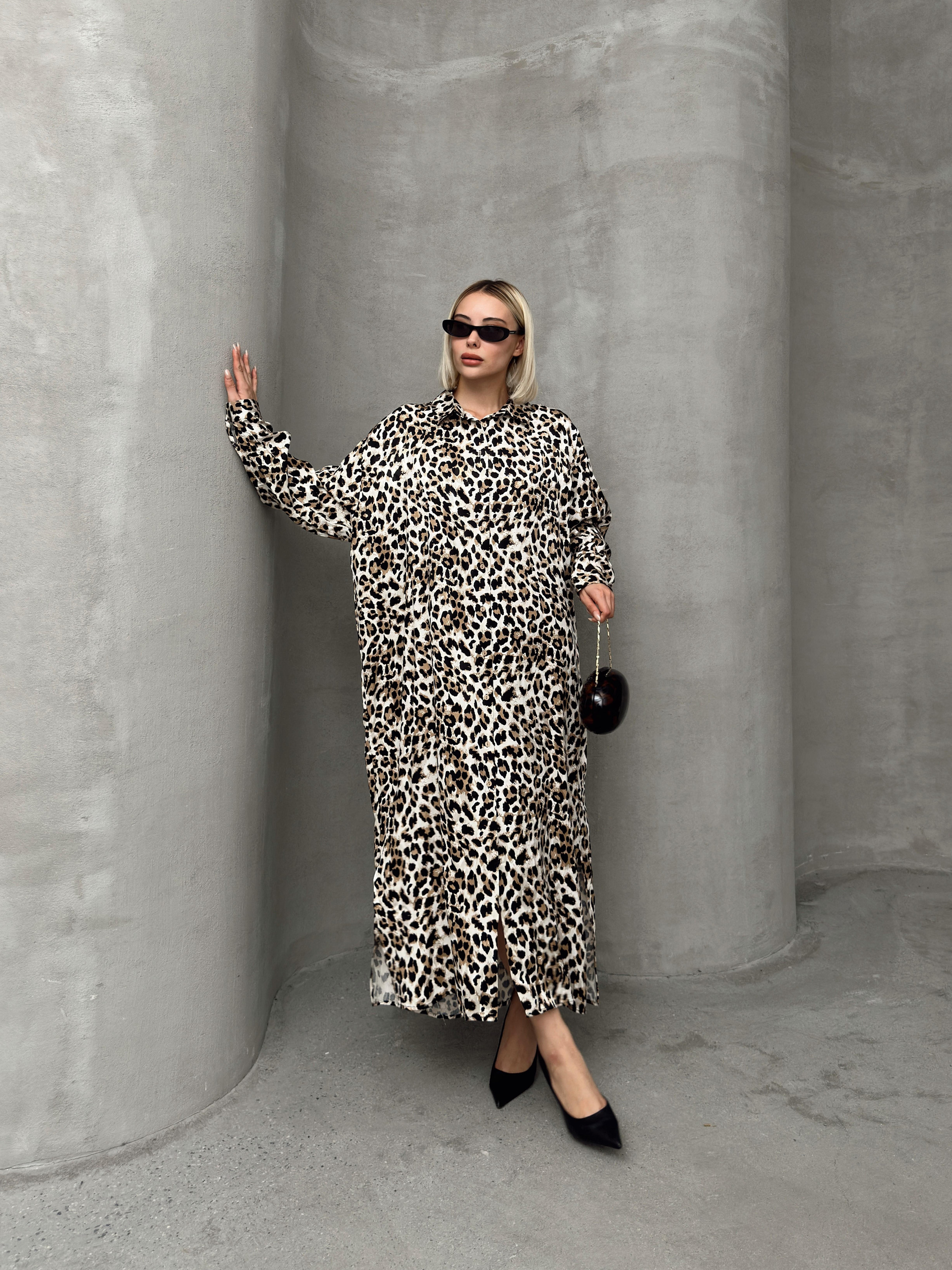 Leopard Print Side Slit Oversize Dress COFFEE 9262-E