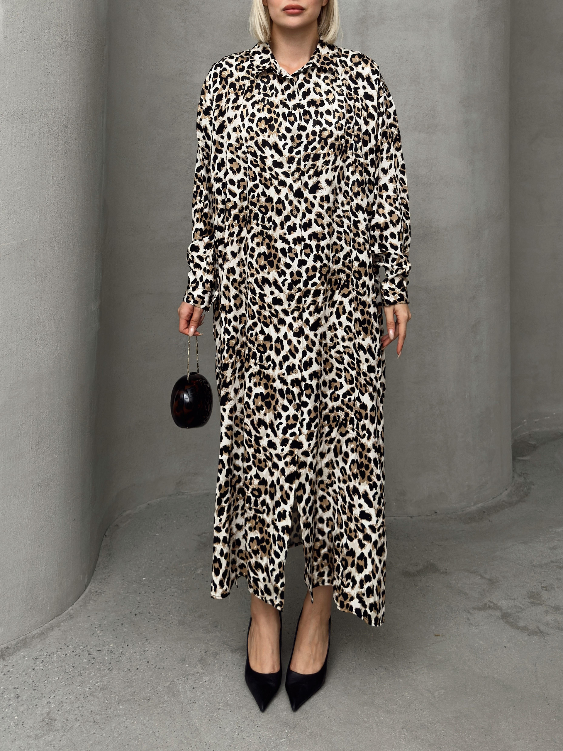 Leopard Print Side Slit Oversize Dress COFFEE 9262-E