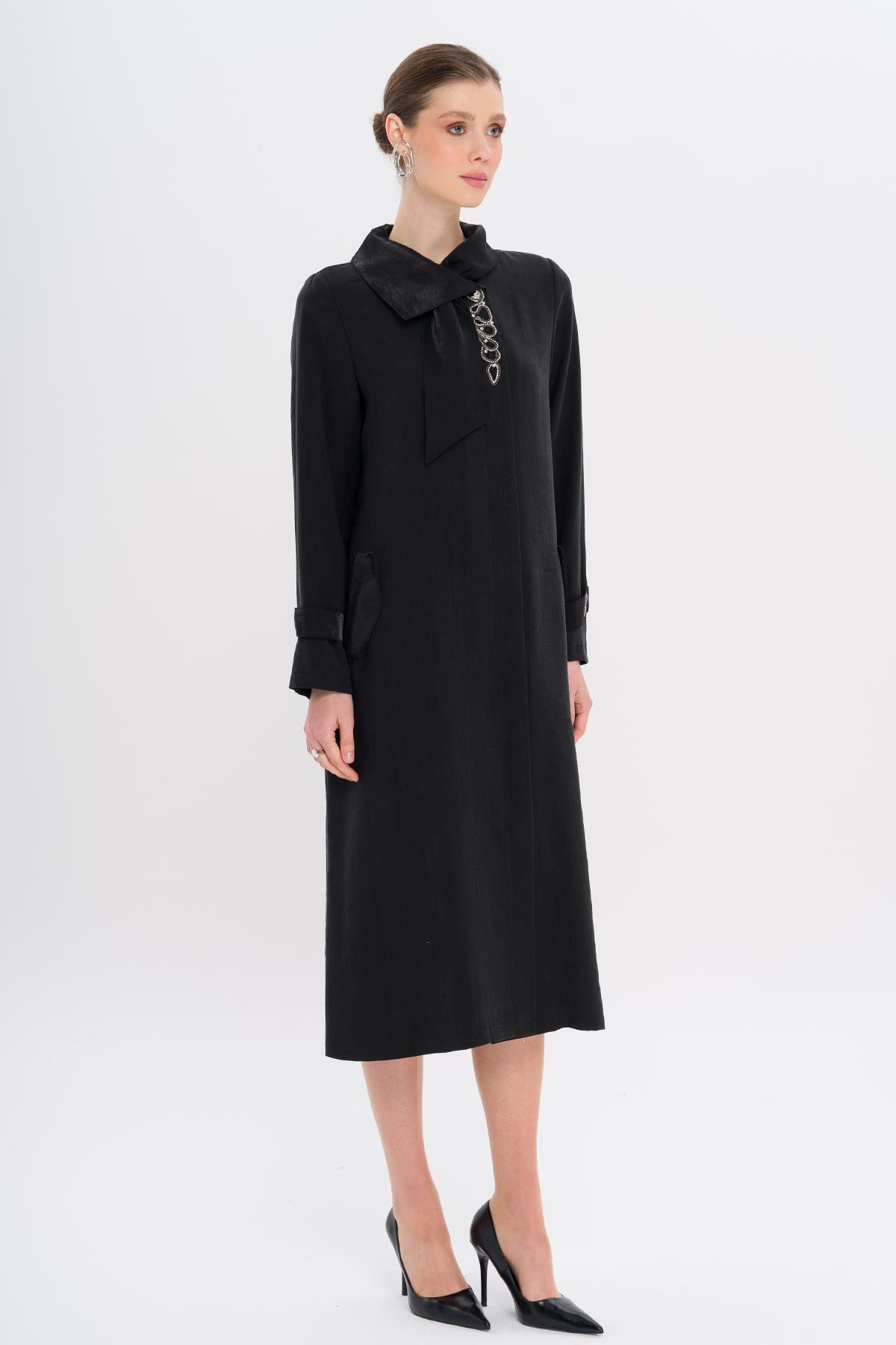 Narrow Detailed Handkerchief Collar Unlined Modal Cape BLACK 6750