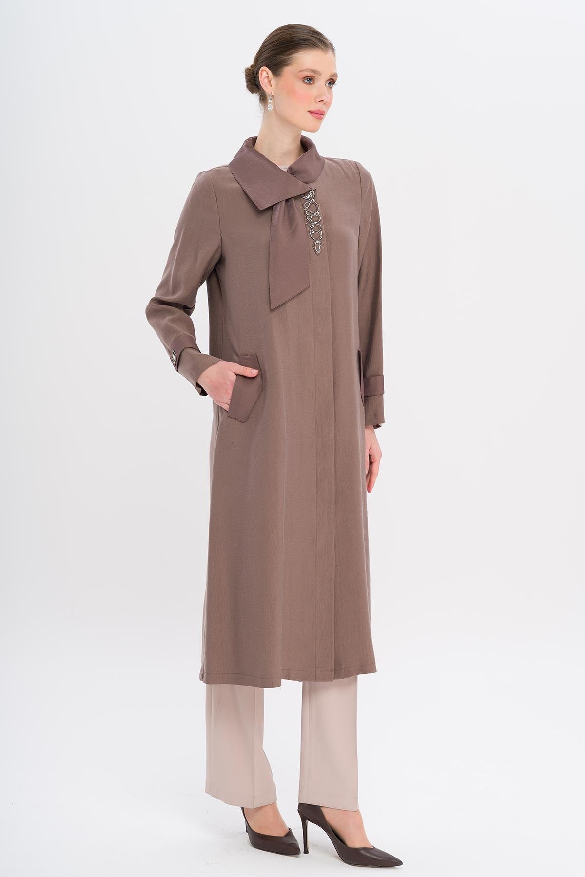 Narrow Detailed Handkerchief Collar Unlined Modal Cape COFFEE 6750