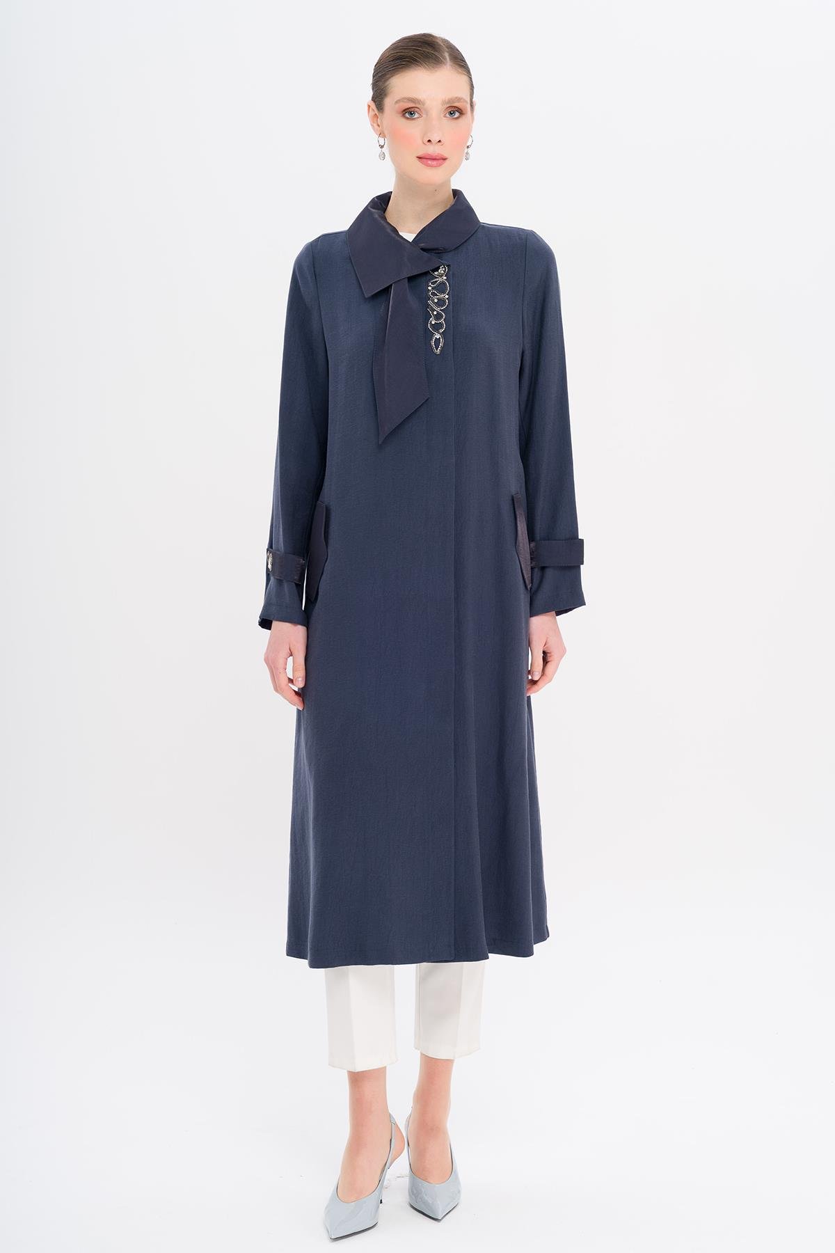 Narrow Detailed Handkerchief Collar Unlined Modal Cape NAVY 6750