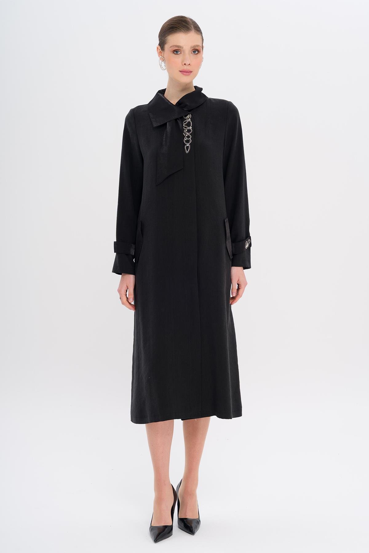 Narrow Detailed Handkerchief Collar Unlined Modal Cape BLACK 6750