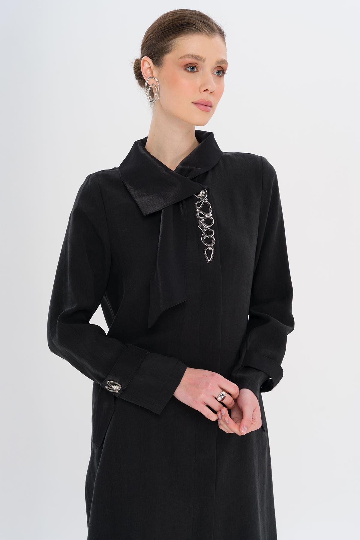 Narrow Detailed Handkerchief Collar Unlined Modal Cape BLACK 6750