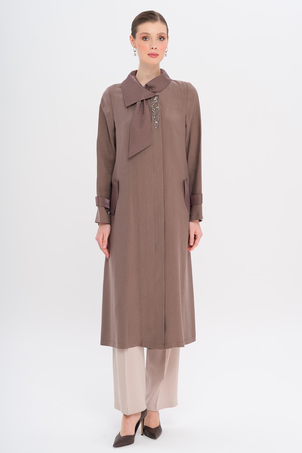 Narrow Detailed Handkerchief Collar Unlined Modal Cape COFFEE 6750