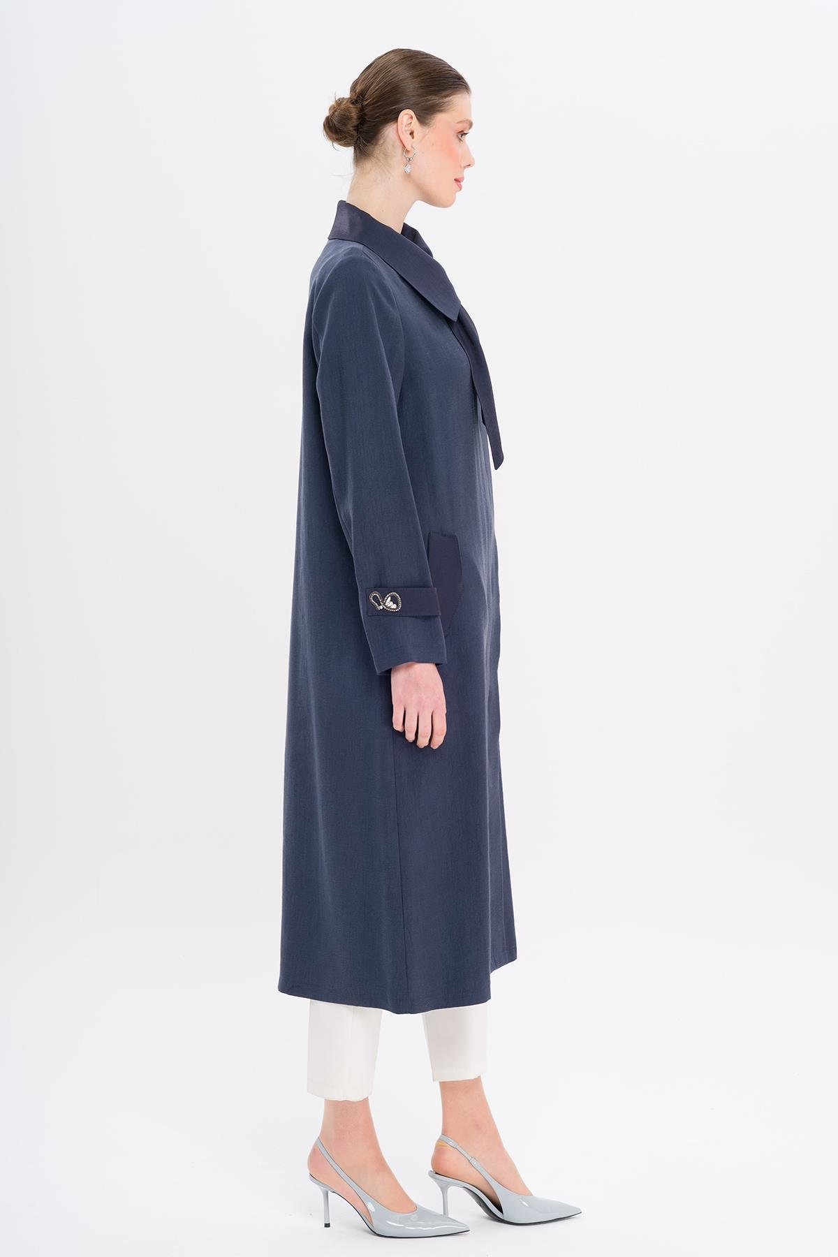 Narrow Detailed Handkerchief Collar Unlined Modal Cape NAVY 6750