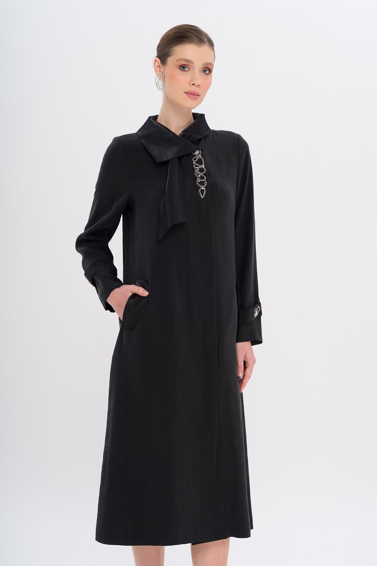 Narrow Detailed Handkerchief Collar Unlined Modal Cape BLACK 6750