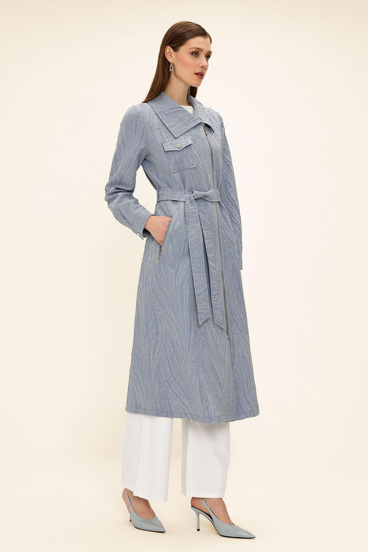 Pocket Collar Zipper Closure Glittery Jacquard Patterned Unlined Coat BLUE 6740