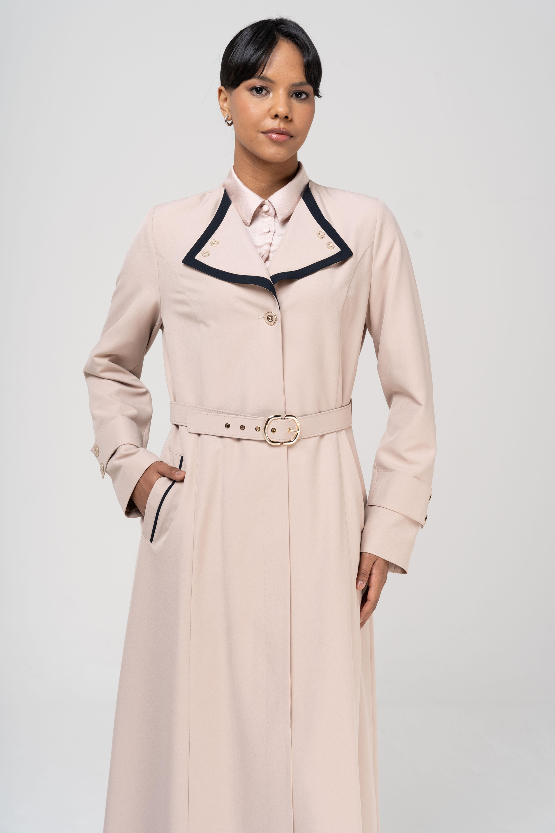 Mendil Yaka Garni ve Kemer Detaylı Astarlı Pardesü BEJ 6549