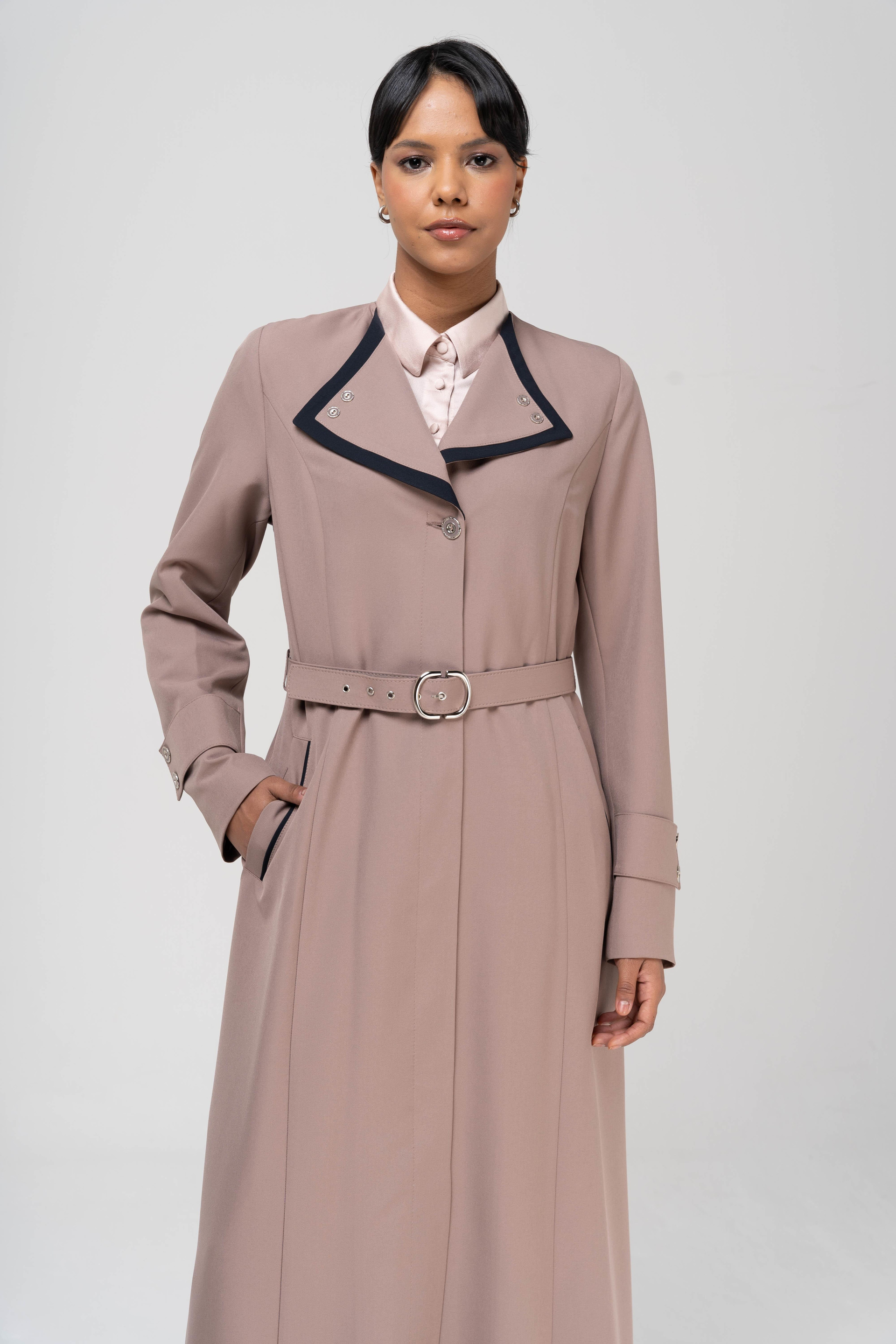 Mendil Yaka Garni ve Kemer Detaylı Astarlı Pardesü VİZON 6549