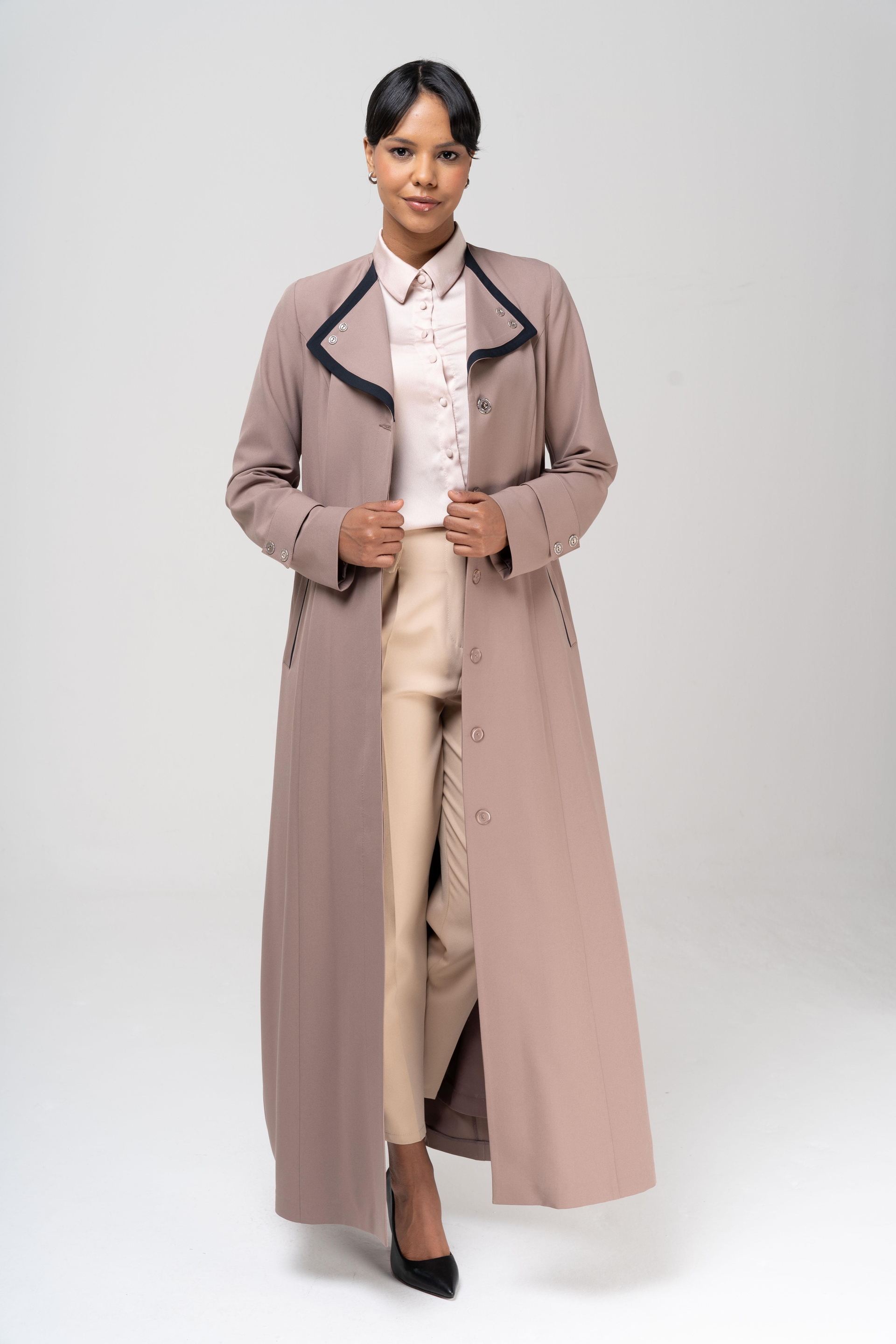 Mendil Yaka Garni ve Kemer Detaylı Astarlı Pardesü VİZON 6549