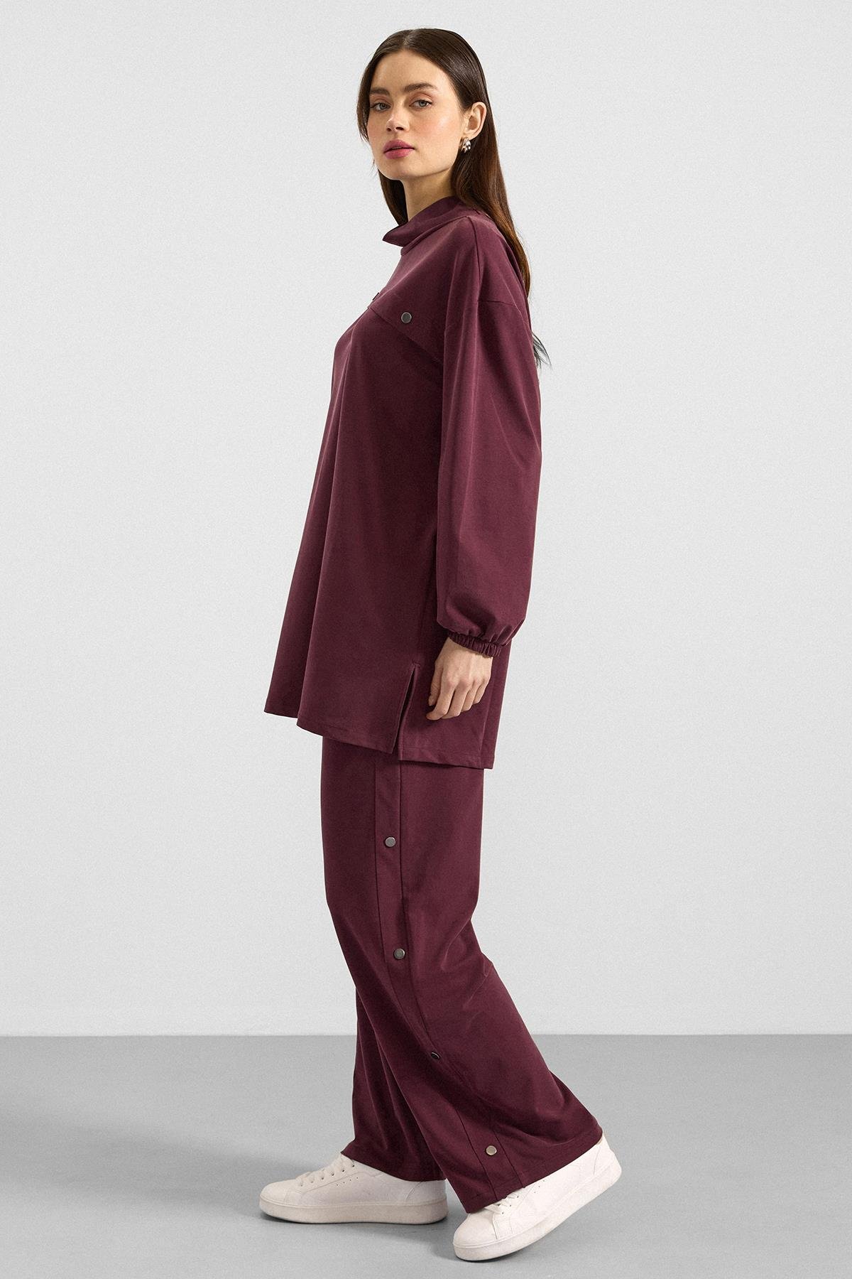 Metal Aksesuarlı Premium Kumaş Sweat Pantolon Takım BORDO 9404-TK