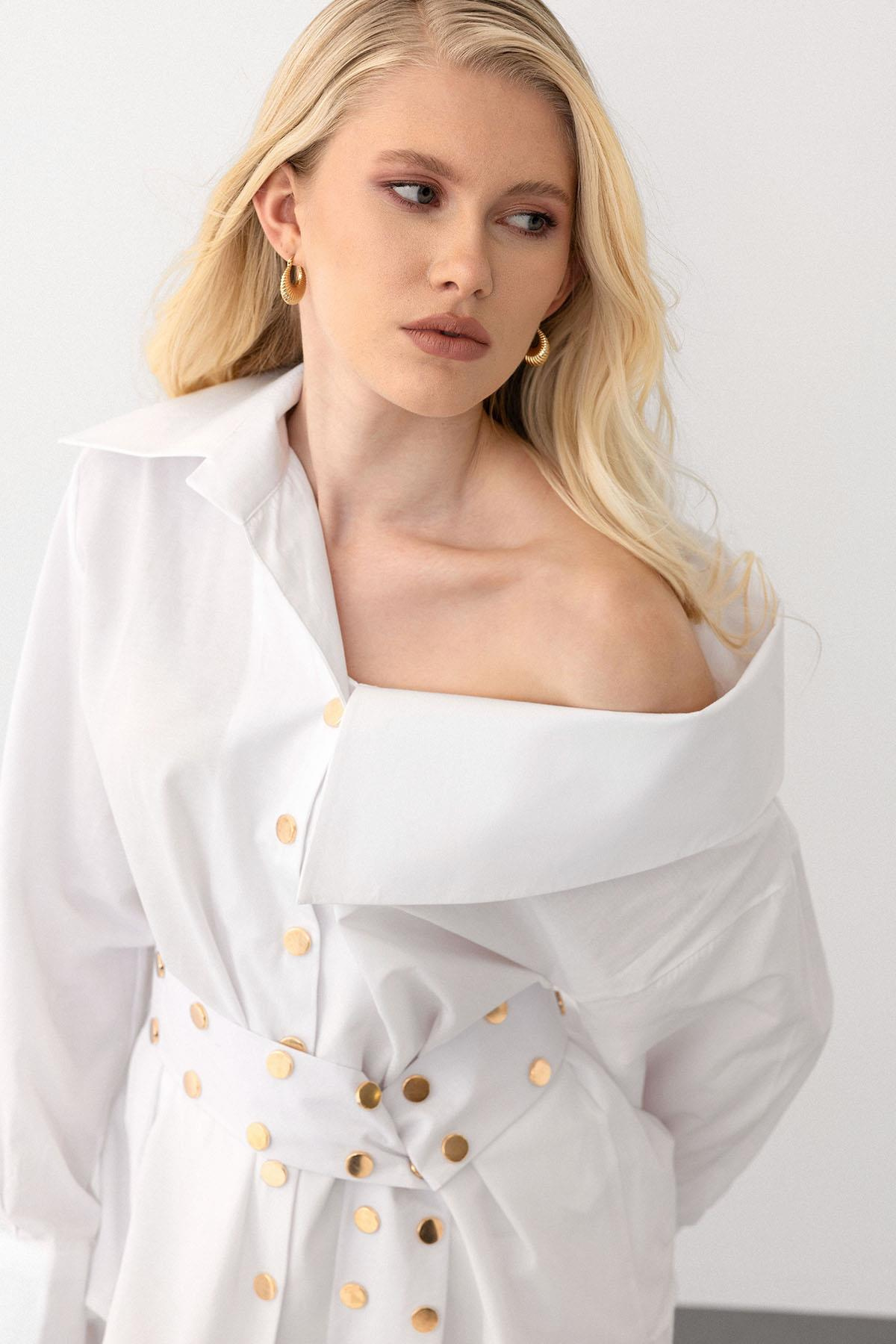 Madonna Collar Shirt with Metal Snap Detail WHITE 9278
