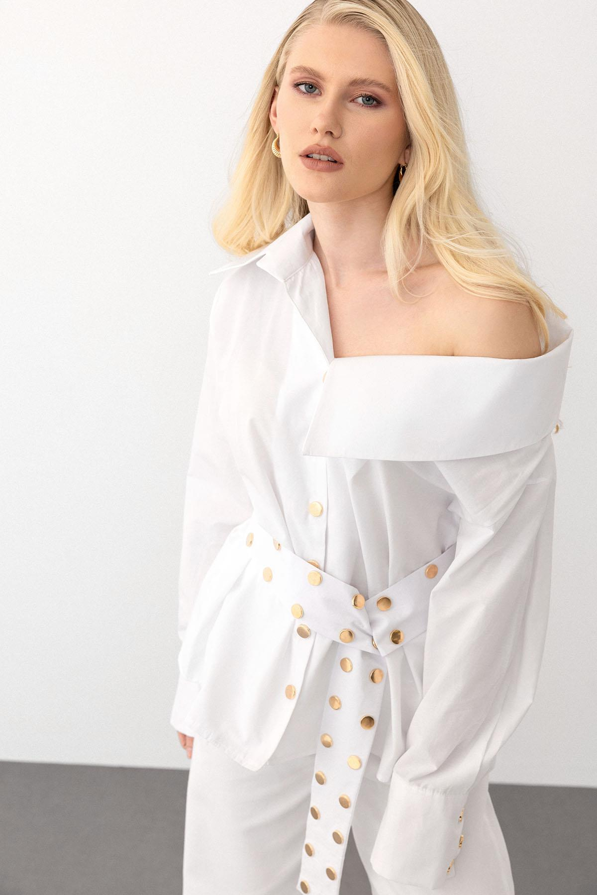 Madonna Collar Shirt with Metal Snap Detail WHITE 9278