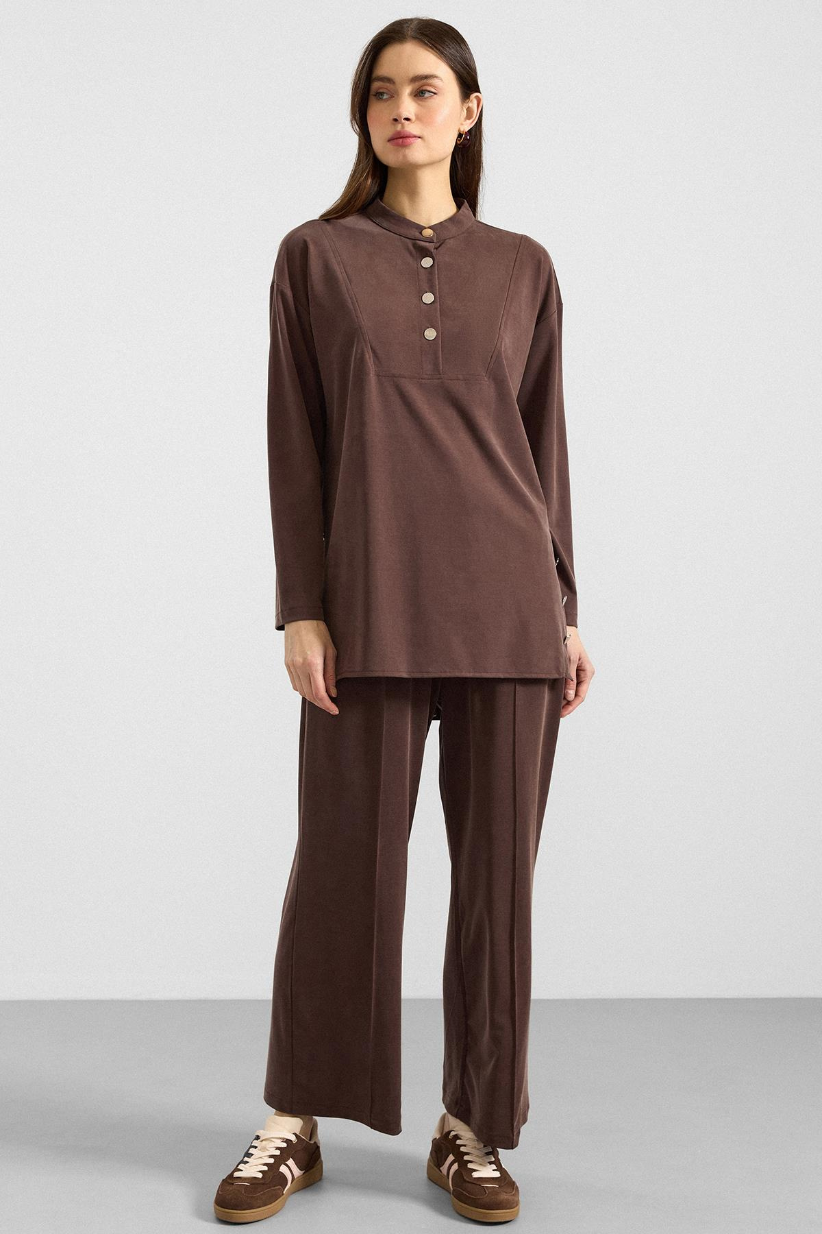 Metal Düğmeli Premium Kumaş Sweat Pantolon Takım KAHVE 9405-TK