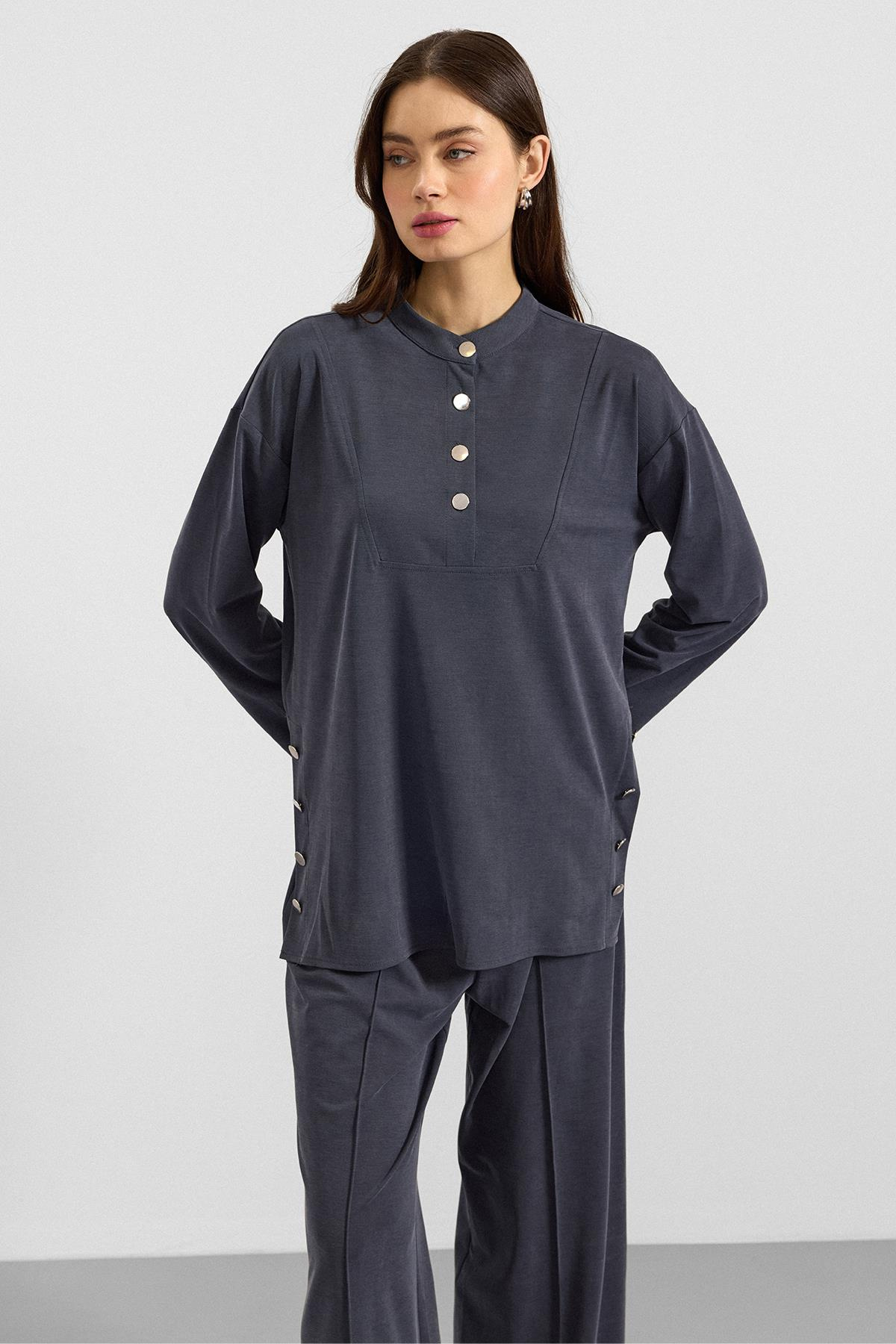 Metal Düğmeli Premium Kumaş Sweat Pantolon Takım LACİVERT 9405-TK