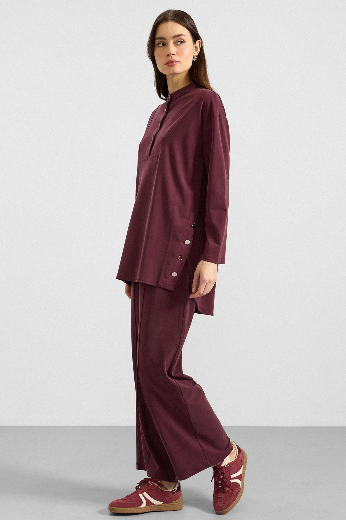 Metal Düğmeli Premium Kumaş Sweat Pantolon Takım BORDO 9405-TK