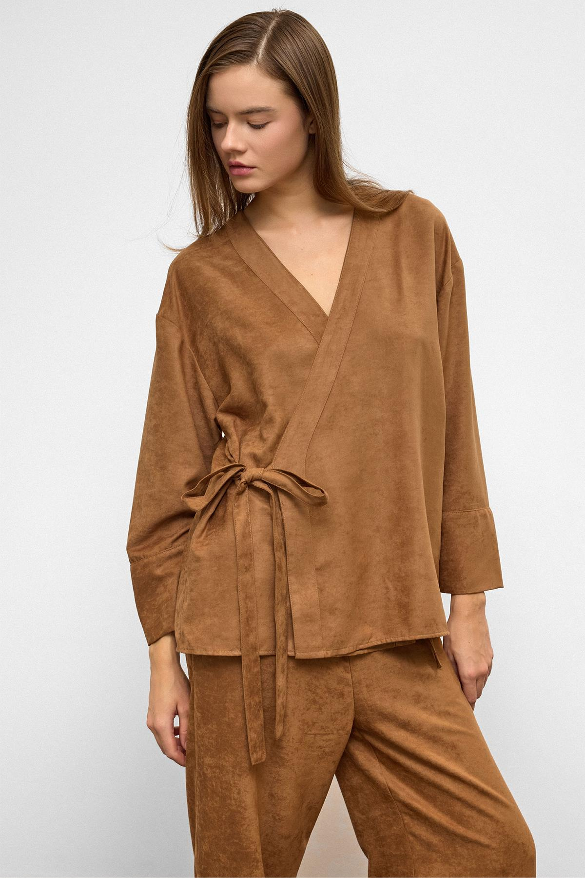 Tied Front Suede Look Kimono Two Piece Set CAMEL 9366-TK