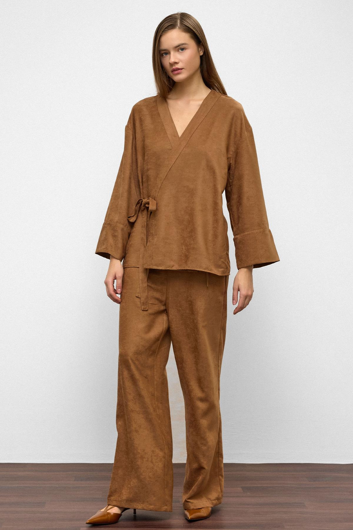 Tied Front Suede Look Kimono Two Piece Set CAMEL 9366-TK