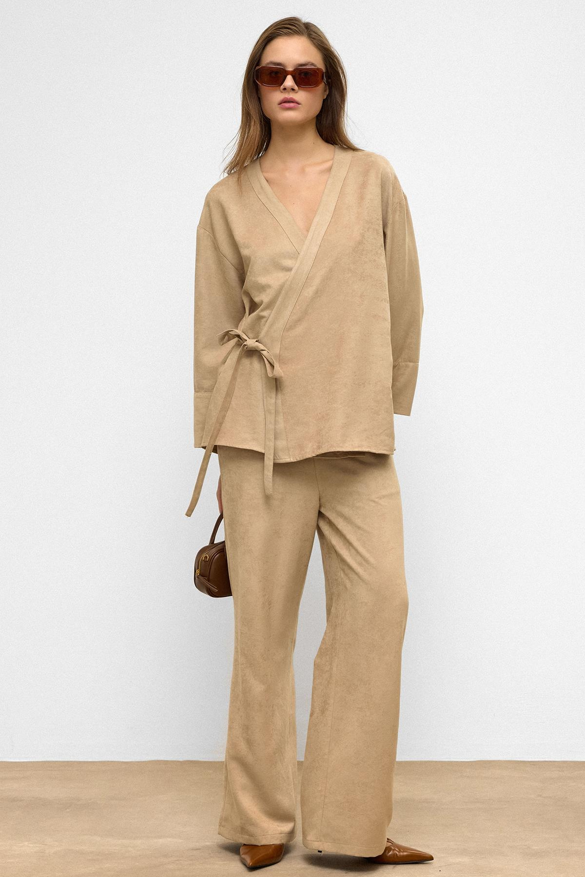 Önü Bağlamalı Süet Görünümlü Kimono İkili Takım TAŞ 9366-TK