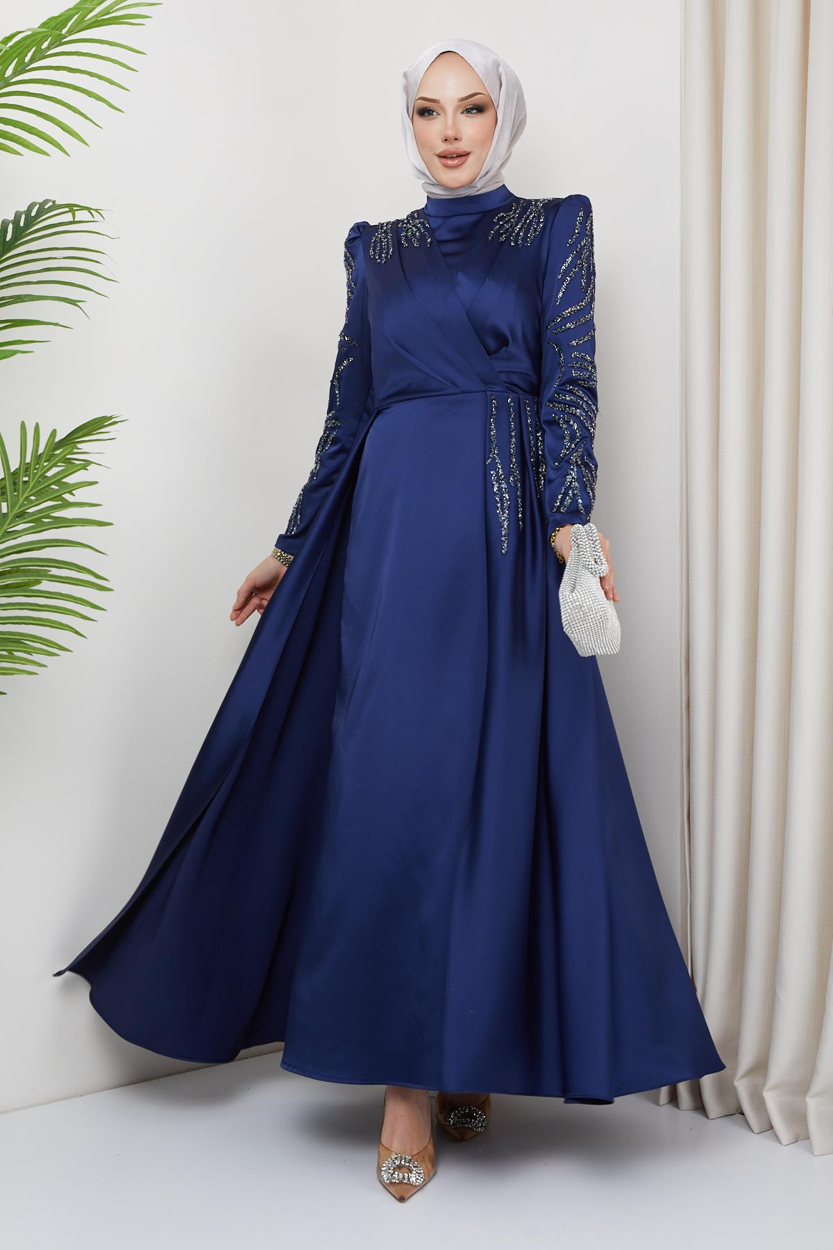 Satin Evening Dress with Sequin and Stone Details on the Front and Sleeves NAVY 1660