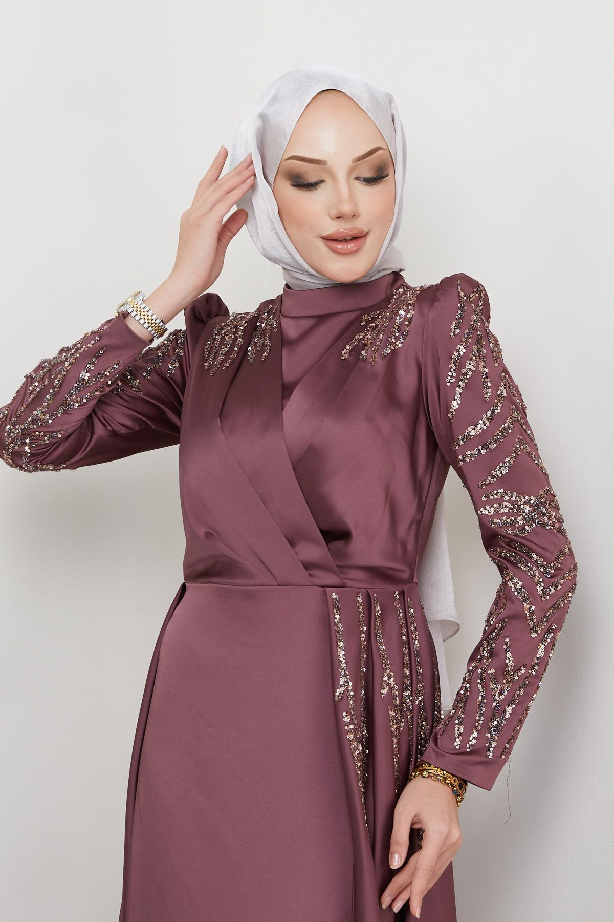 Satin Evening Dress with Sequin and Stone Details on the Front and Sleeves DRIED ROSE 1660