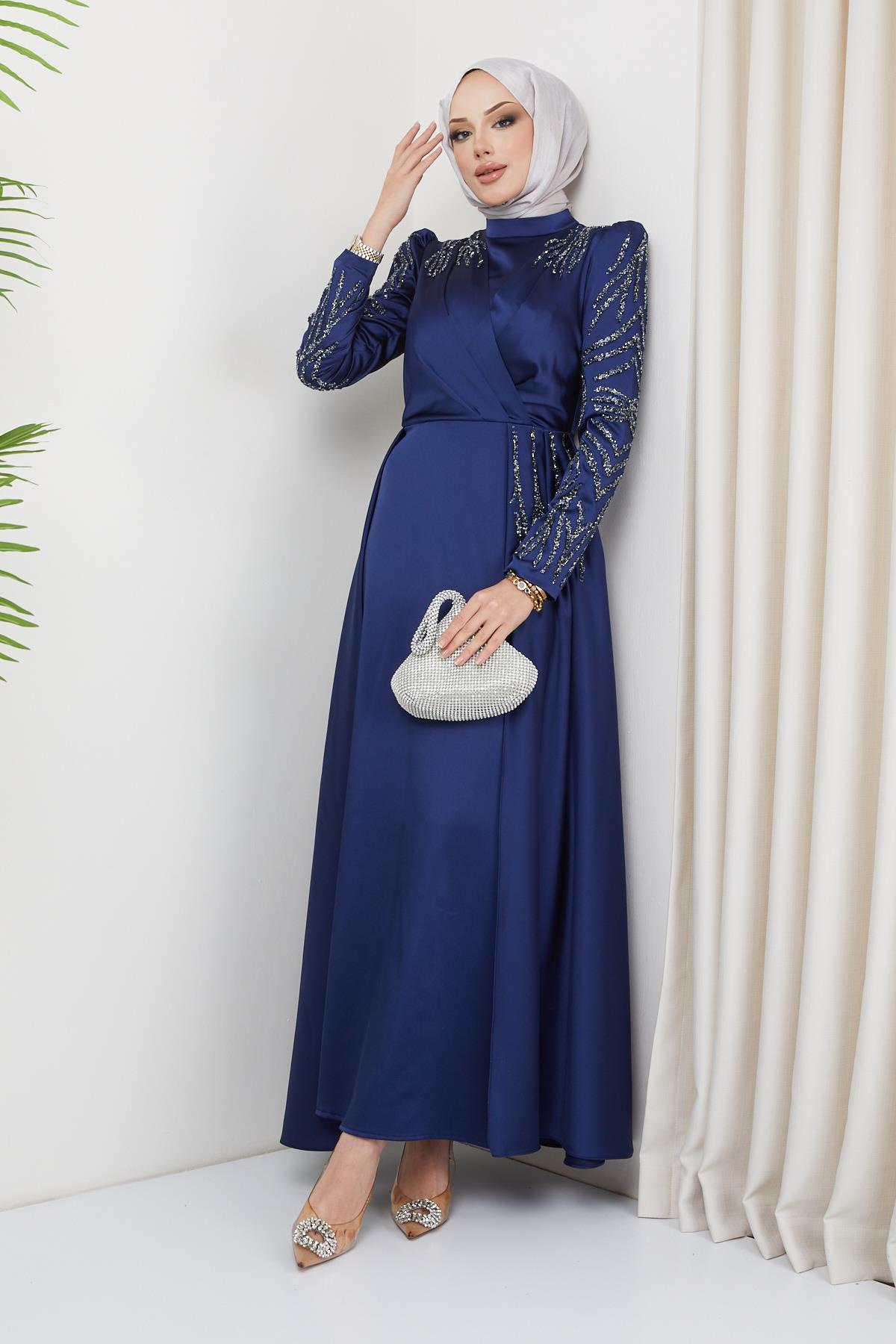 Satin Evening Dress with Sequin and Stone Details on the Front and Sleeves NAVY 1660