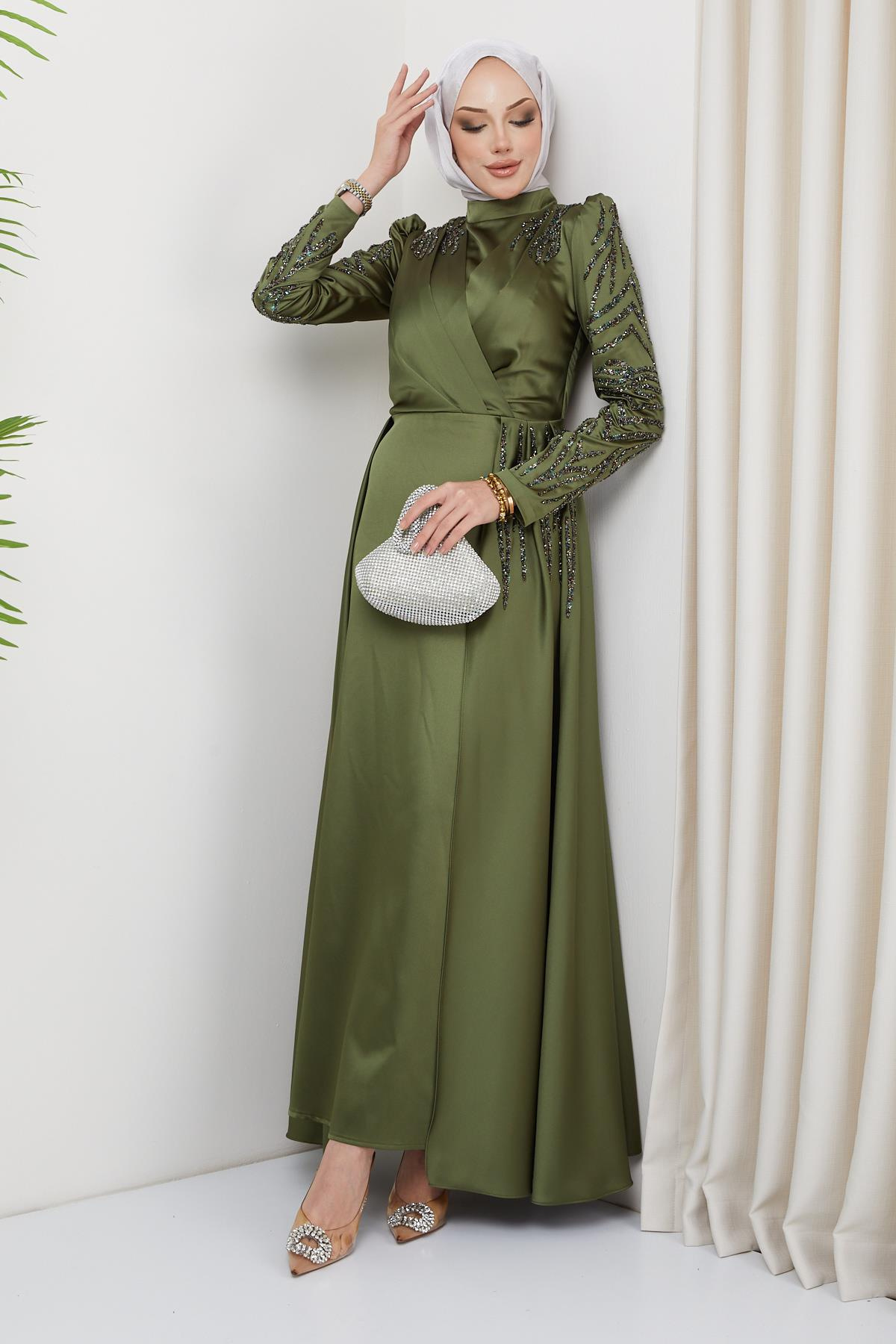 Satin Evening Dress with Sequin and Stone Details on the Front and Sleeves LIGHT GREEN 1660