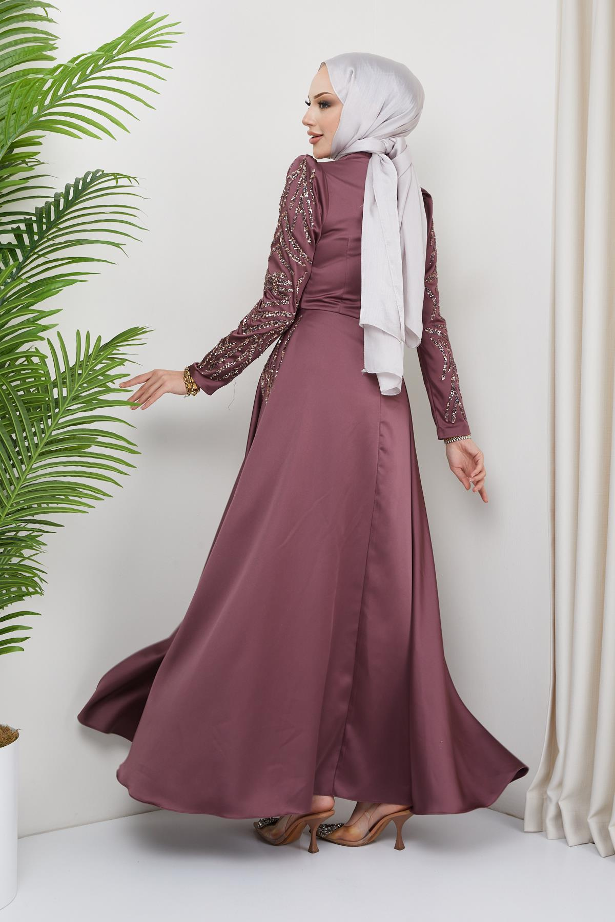 Satin Evening Dress with Sequin and Stone Details on the Front and Sleeves DRIED ROSE 1660