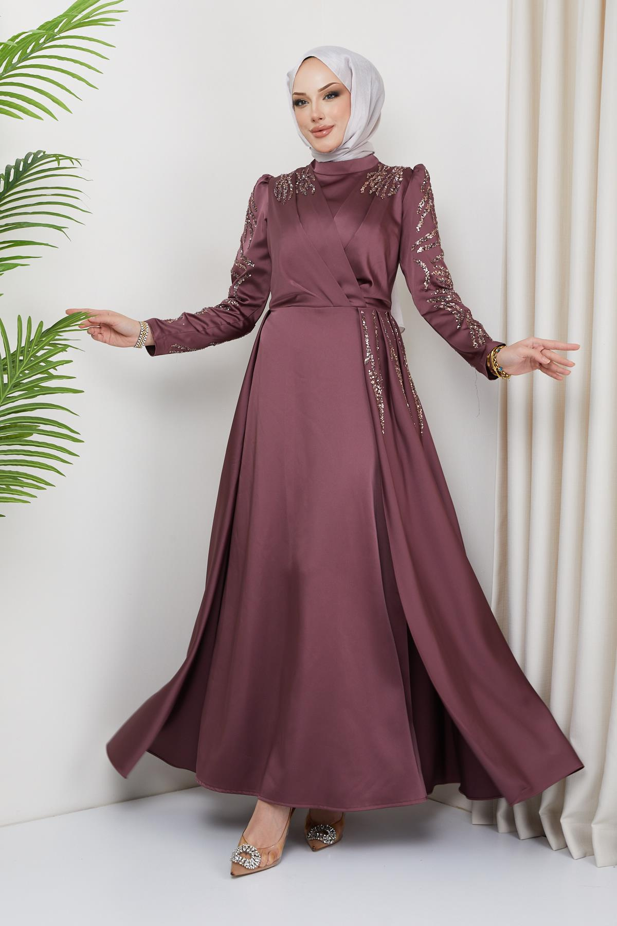 Satin Evening Dress with Sequin and Stone Details on the Front and Sleeves DRIED ROSE 1660